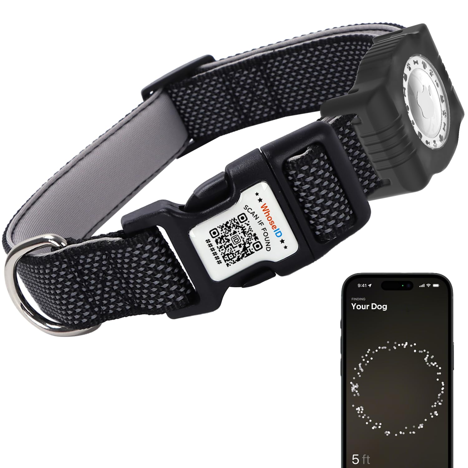 Whoseid Reflective Dog Collar With Airtag Holder,Adjustable Dog Collar With Neoprene Padded & Anti-Lost Qr Code Buckle (Black, S