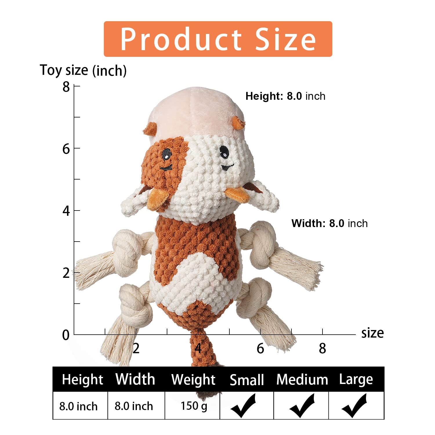 Sedioso Dog Toys, Dog Plush Toy For Large Breed, Cute Squeaky Dog Toys With Crinkle Paper , Dog Chew Toys For Puppy, Small, Middle, Big Dogs (Cow)