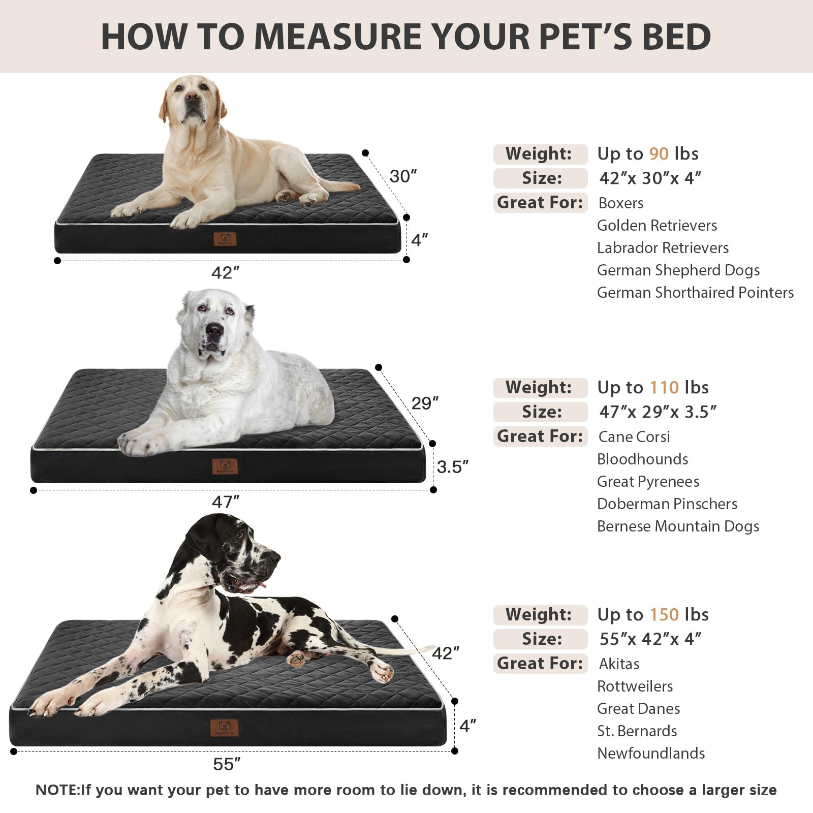 WNPETHOME Orthopedic Big Dog Beds Large Sized Dog, Waterproof Extra Large Dogs Bed with Removable Washable Cover, Multi-Needle Q