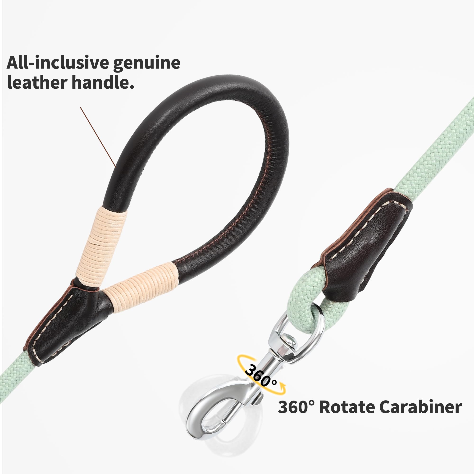 Mile High Life Genuine Leather Wrapped Handle Dog Leash, W Heavy Duty Clasp Rope Leash For Small Medium Large Dogs (Green, 5Ft)