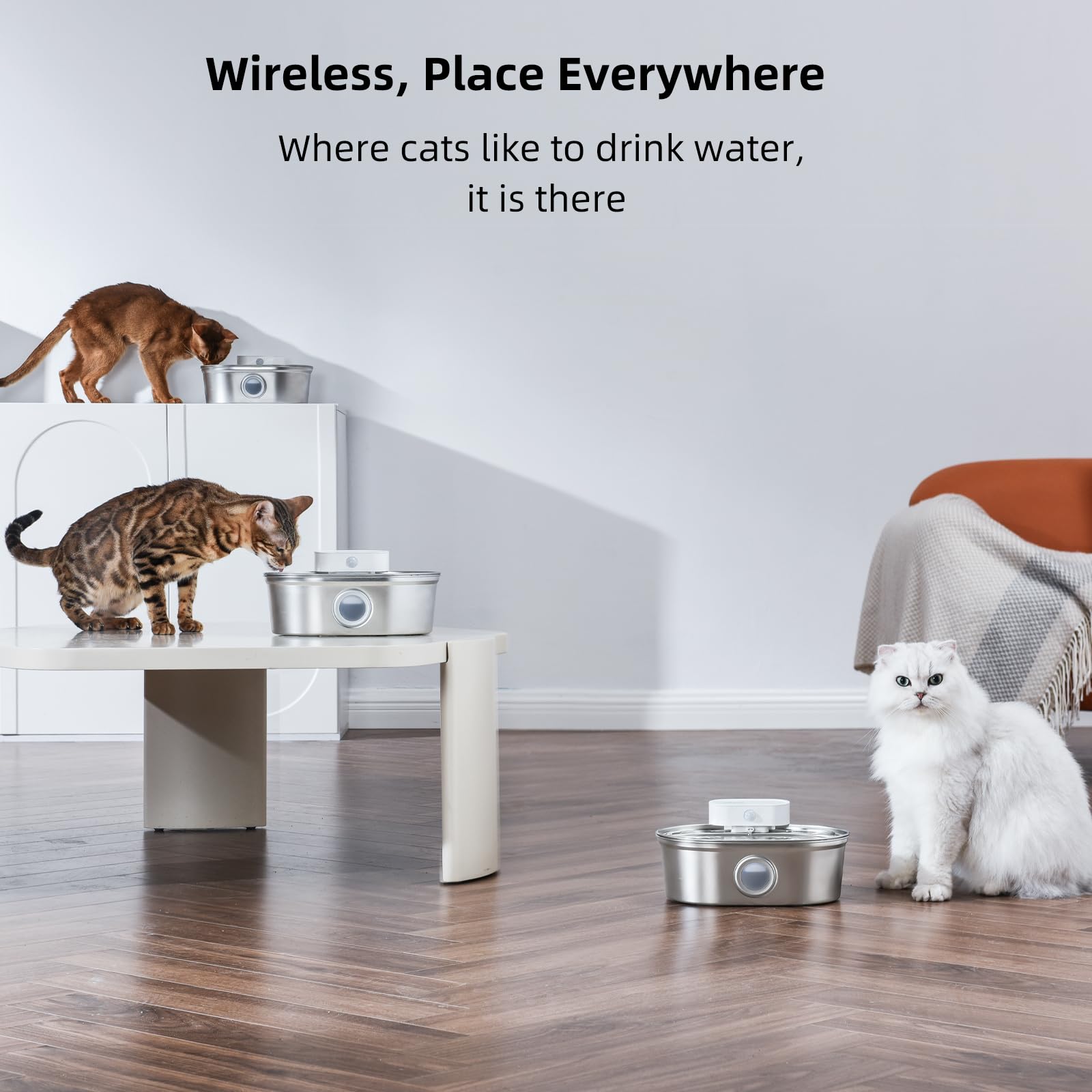 uahpet Wireless Cat Water Fountain Stainless Steel Pro, External Pump Battery Operated Pet Waterer, Dog Drinking Dispenser with