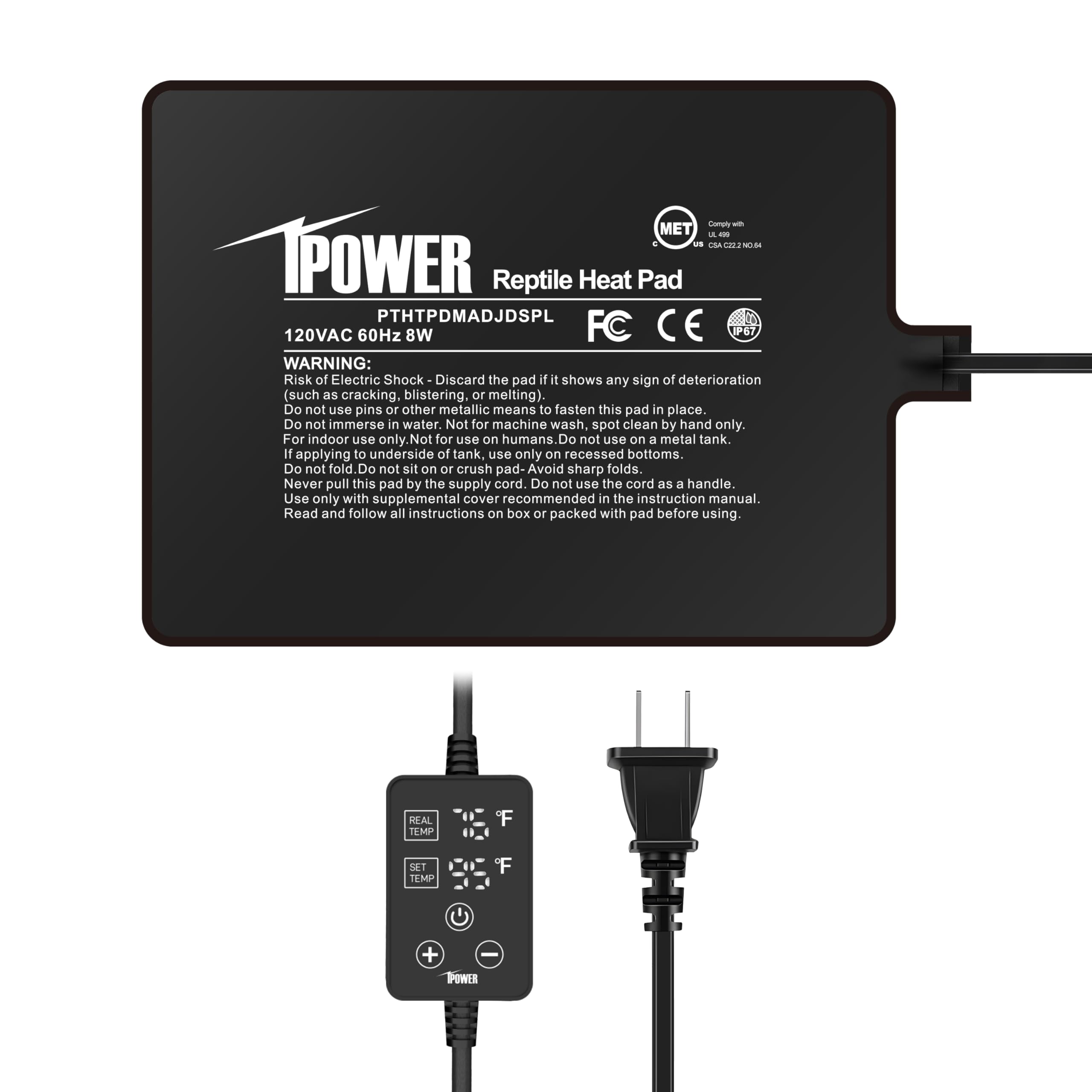 Ipower 6 By 8 Inch 8W Reptile Heating Pad With Adjustable Thermostat, Under Tank Warmer Terrarium Heat Mat For Turtles/Snakes/Li