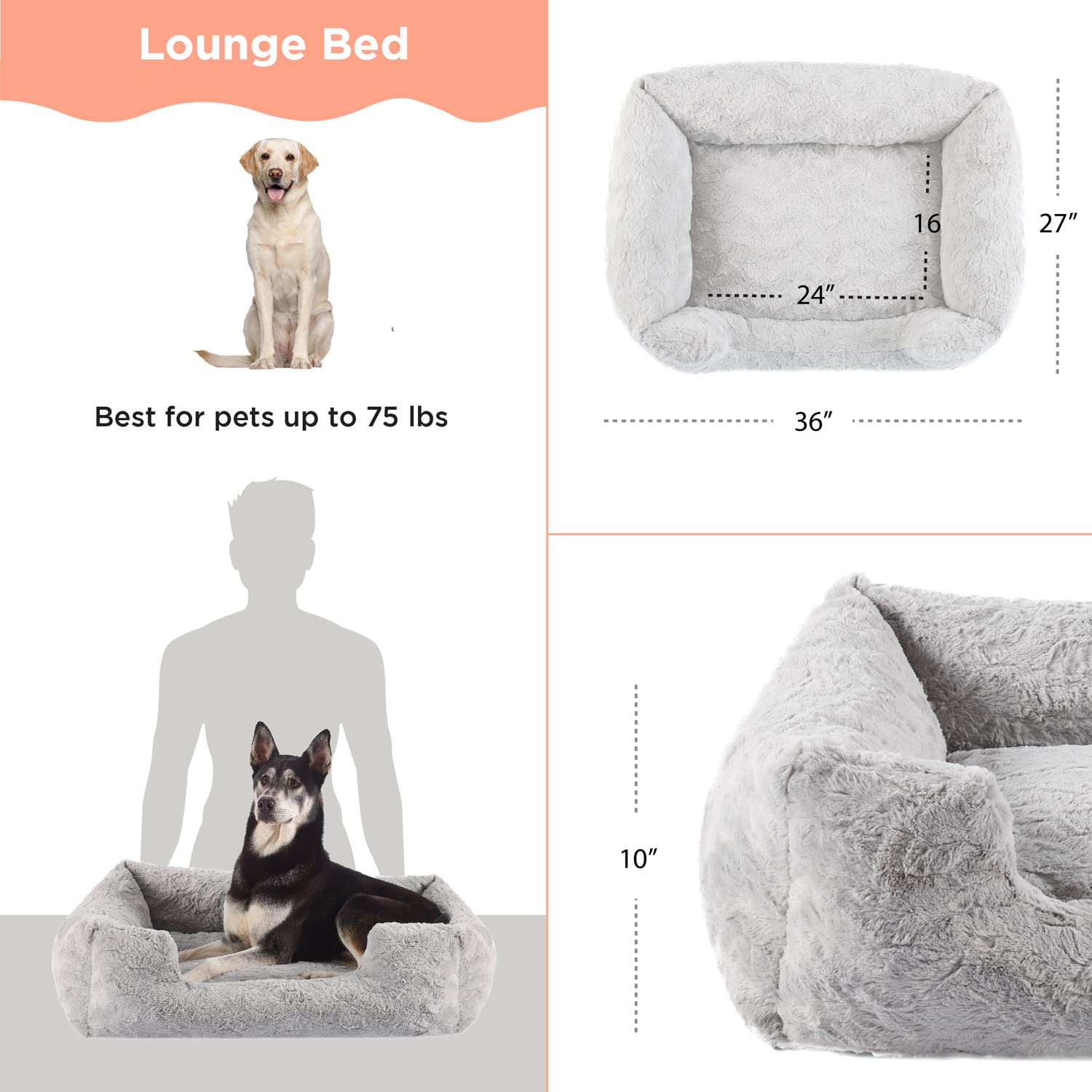 Best Friends by Sheri Lux Lounge Bed Calming Faux Fur Dog Bed, Gray, Large, 36'' x 27''