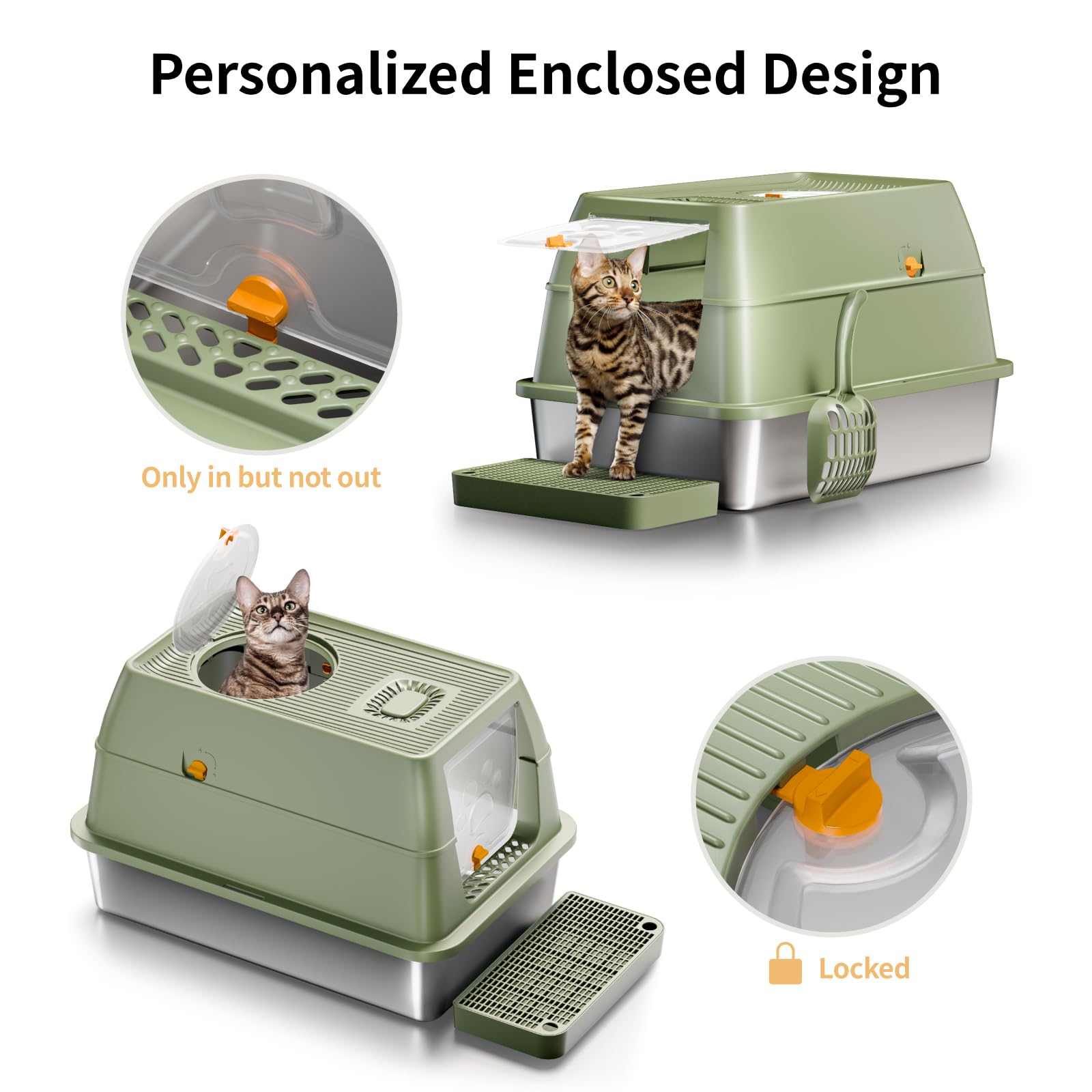 Eosarcu Stainless Steel Cat Litter Box with Lid, XL Large Enclosed High Sided Litter Box with Removable Lid, Carbon Filters -Odo