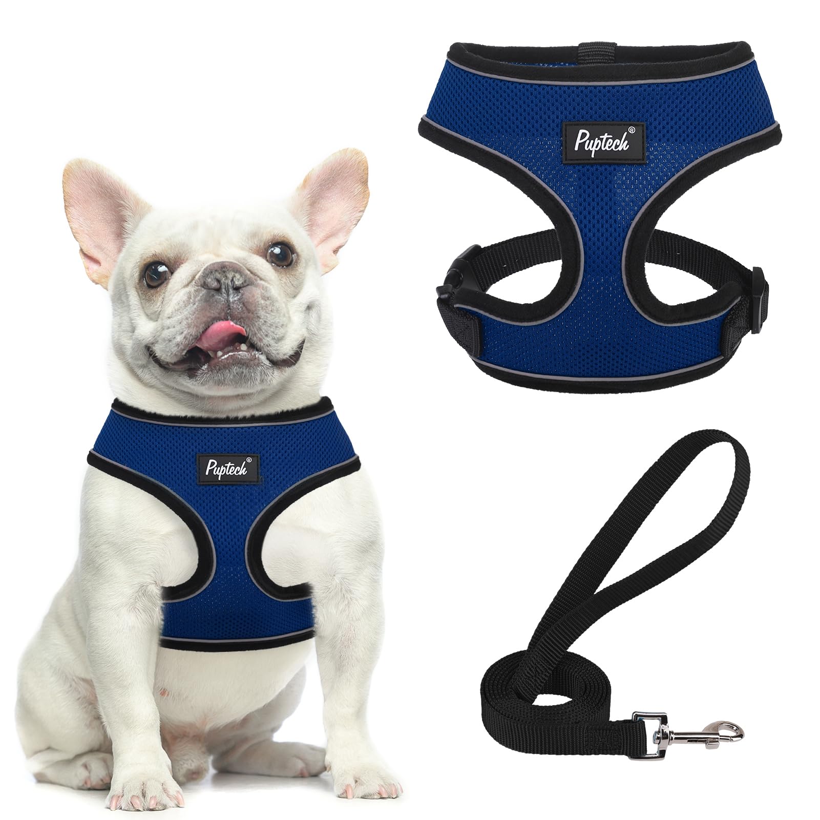 Pupteck Soft Mesh Dog Harness And Leash Set Pet Puppy Cat Comfort Padded Vest No Pull Harnesses, Solid Navyblue, S