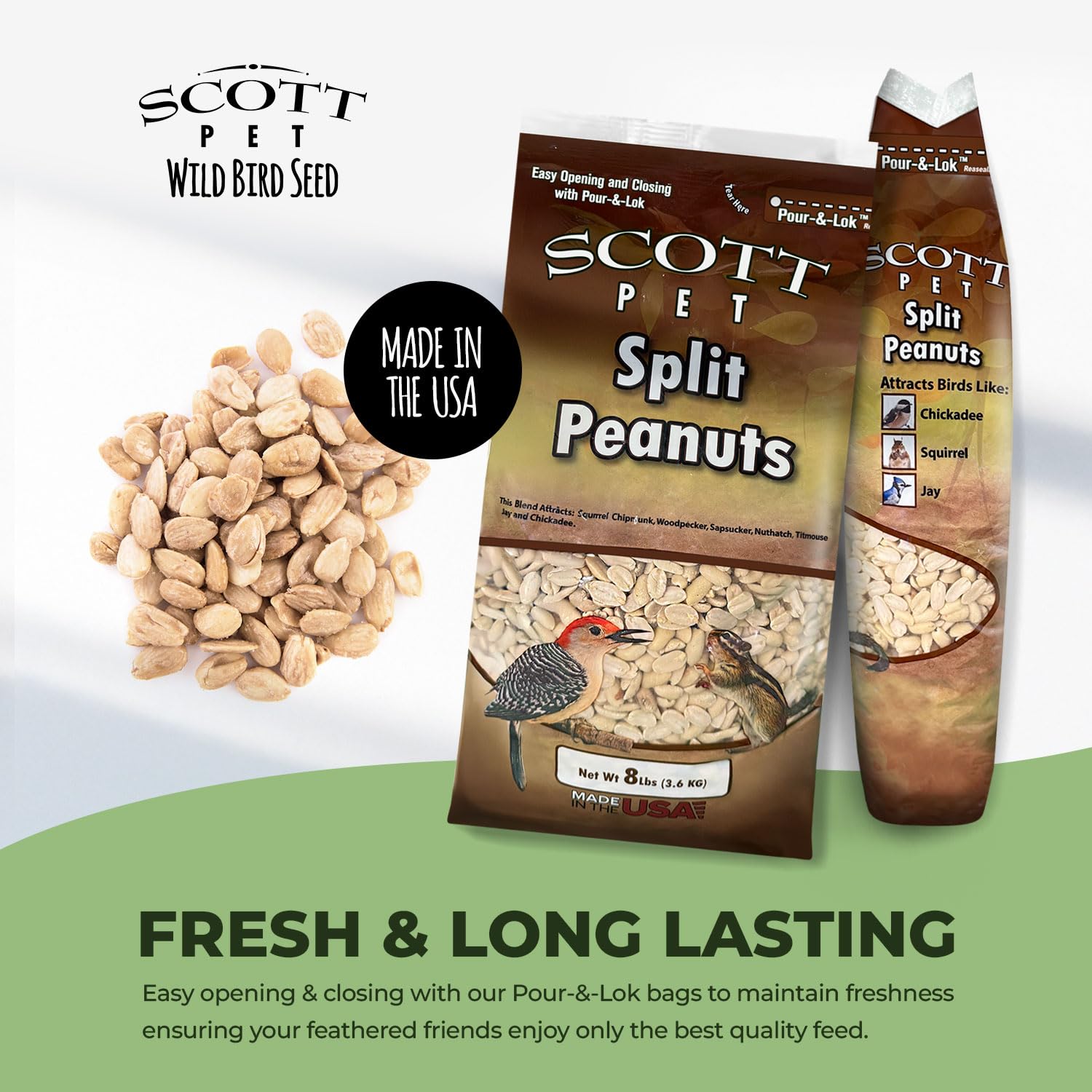 Scott Pet Wild Bird Seed - Split Peanuts, 8 lbs Bag, High Protein & Fiber, Ideal for Wild Birds