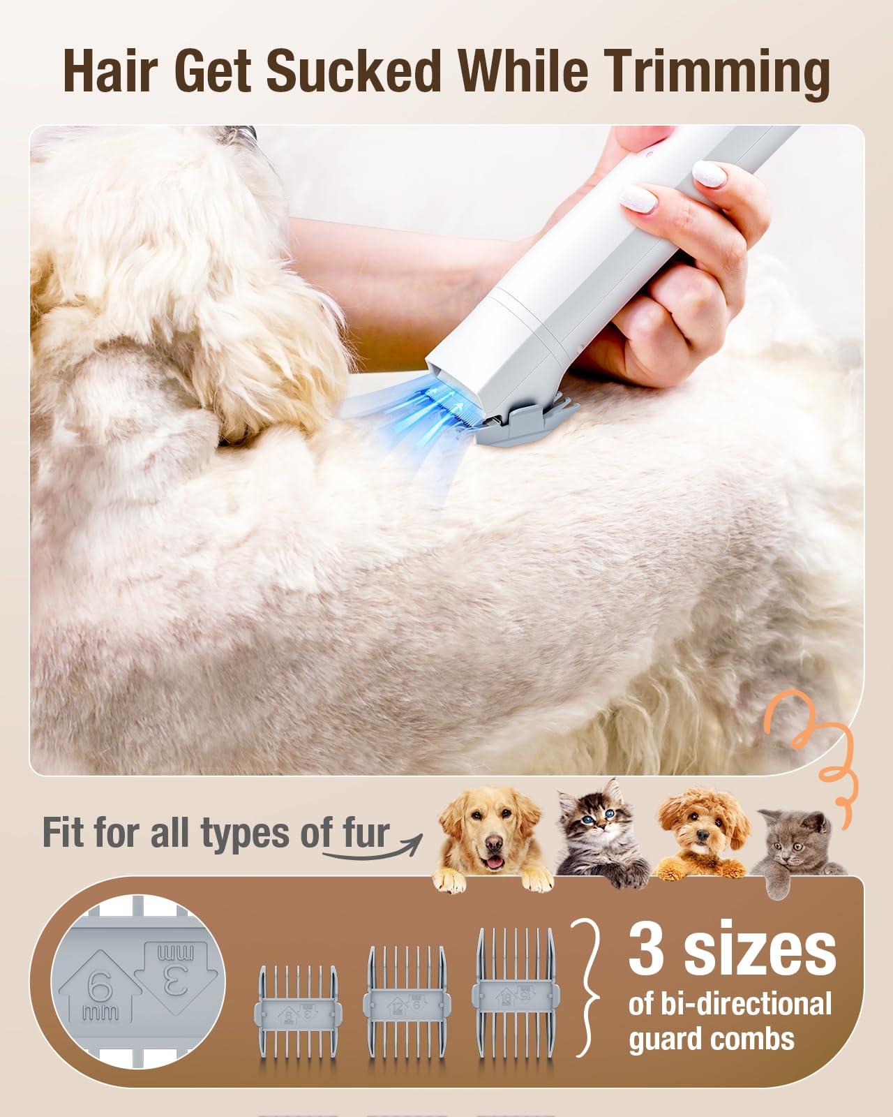 OPOWO Dog Grooming Vacuum, 2.7L Dog Hair Vacuum with Clipper Nail Grinder Paw Trimmer, 3 Suction Modes, Low Noise Groomer with 7