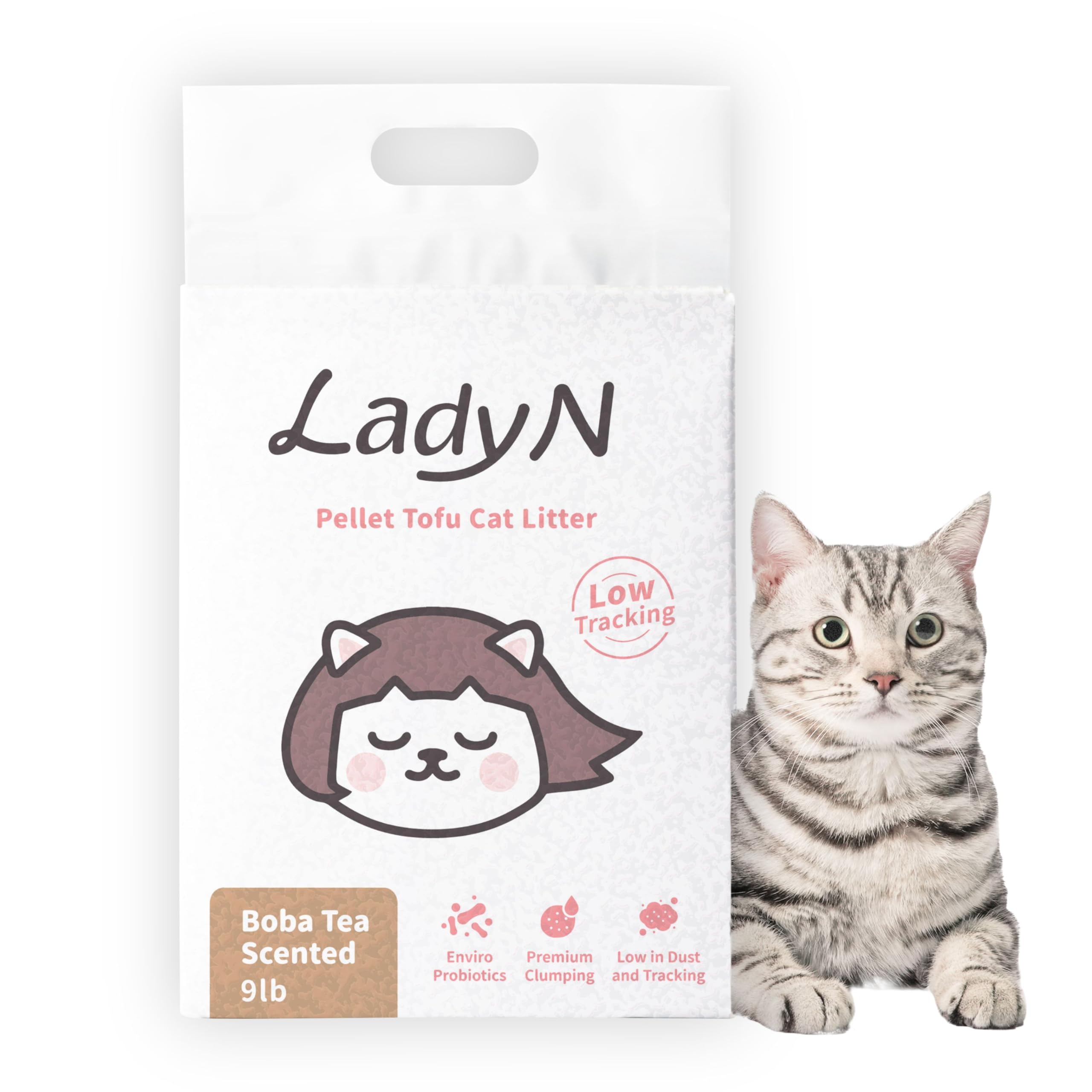 Lady N Pellet Tofu Cat Litter, Strong Clumping, Ultra Absorbent, Dust-Free, Low Tracking, Water-Soluble, Natural Ingredients, En