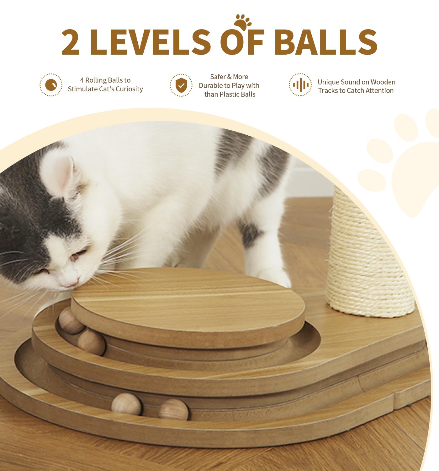 Made4Pets Cat Scratching Post Cat Scratcher Kitten Toys For Indoor Cats Wooden Ball Track Two-Layer Modern Sisal 23.4' Tall Scr