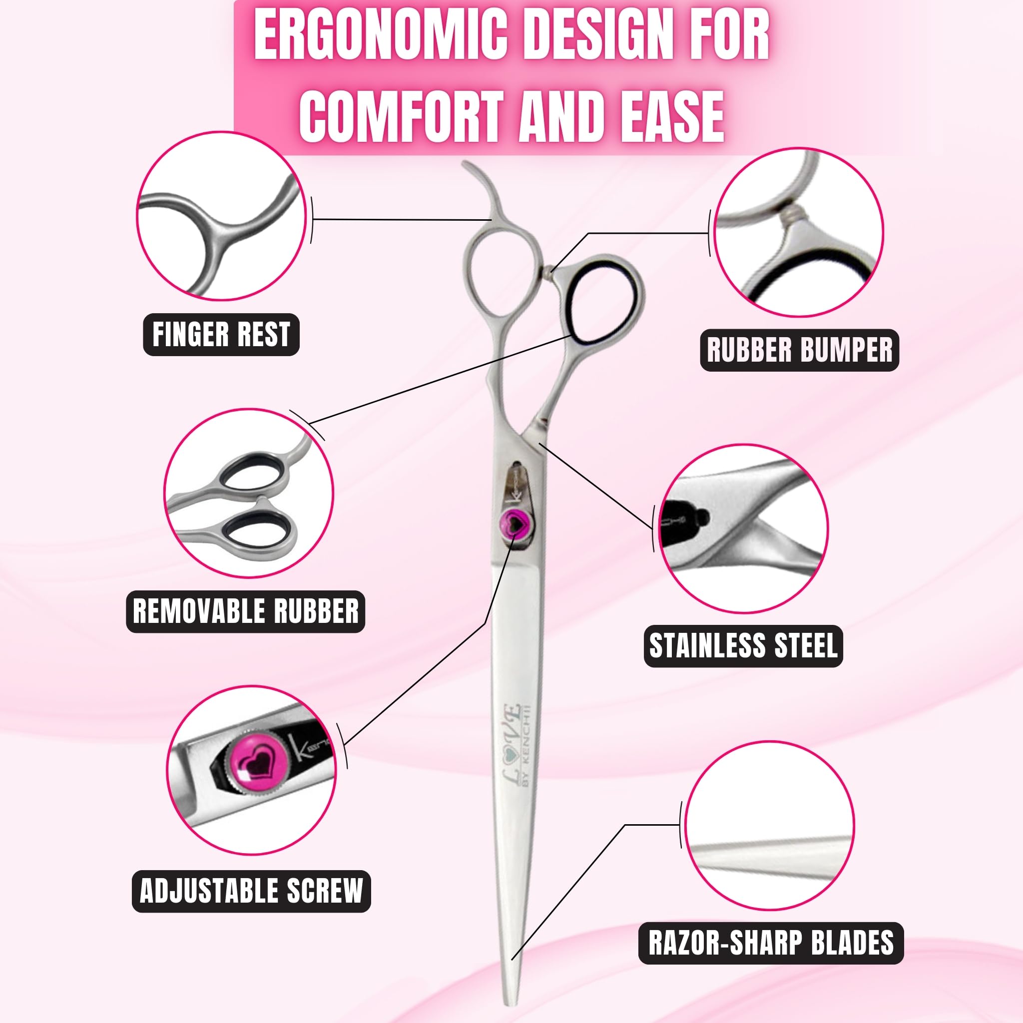 Kenchii Love Dog Grooming Scissors, 9 Inch Straight Shears, Dog Scissors for Grooming, Professional Pet Grooming Scissors, Heavy