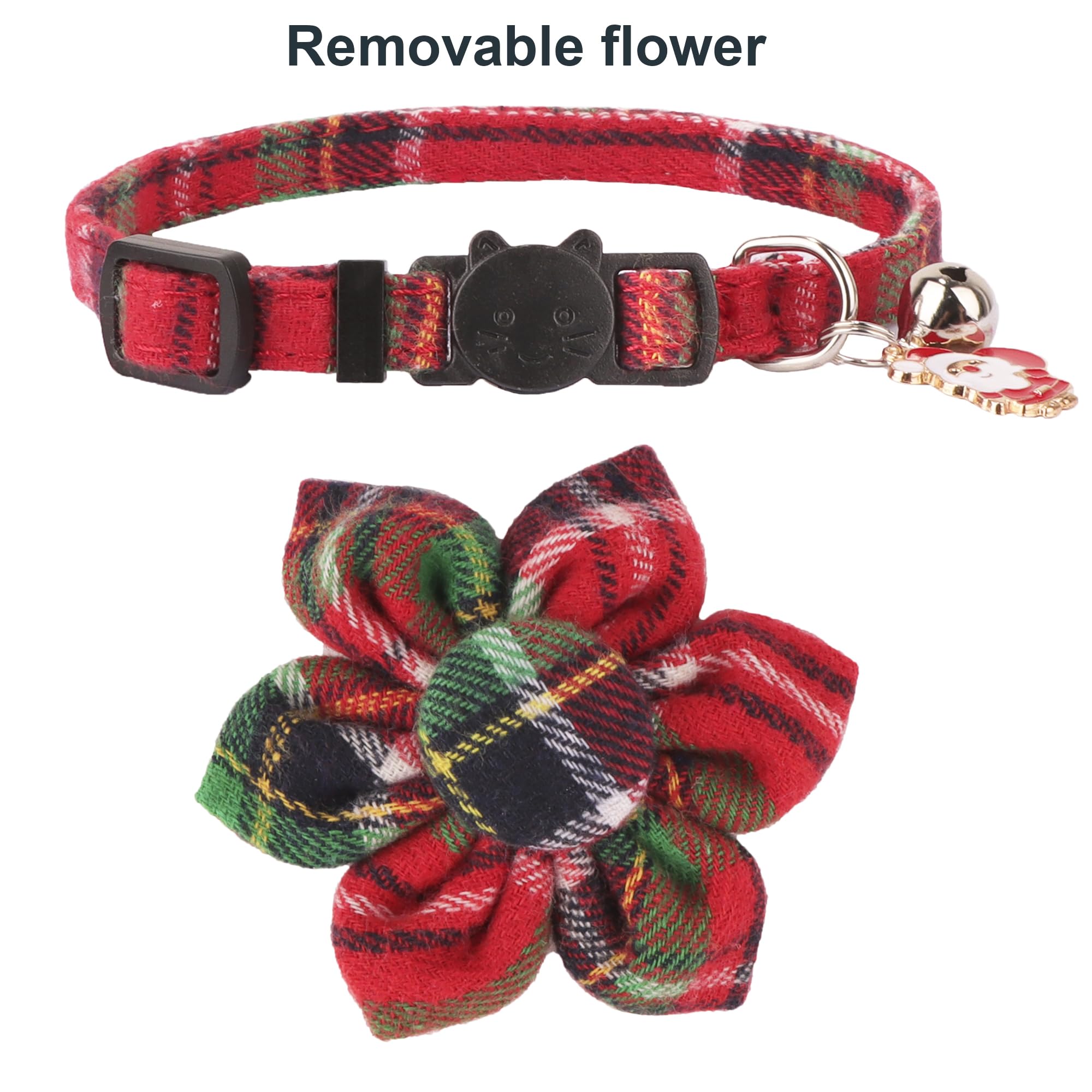 Adoggygo Christmas Cat Collar With Floral, 2 Pack Xmas Kitten Flower Collar, Red Green Plaid Christmas Collars For Cat Kitten