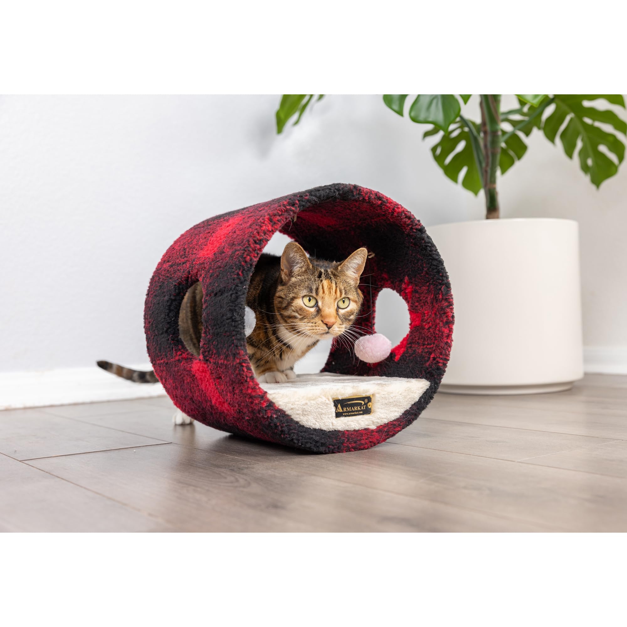 Armarkat Model B1601 Cat Hideaway Tunnel, Scotch Plaid, Black/Red, 16''(L) X 10''(W) X 16''(H)