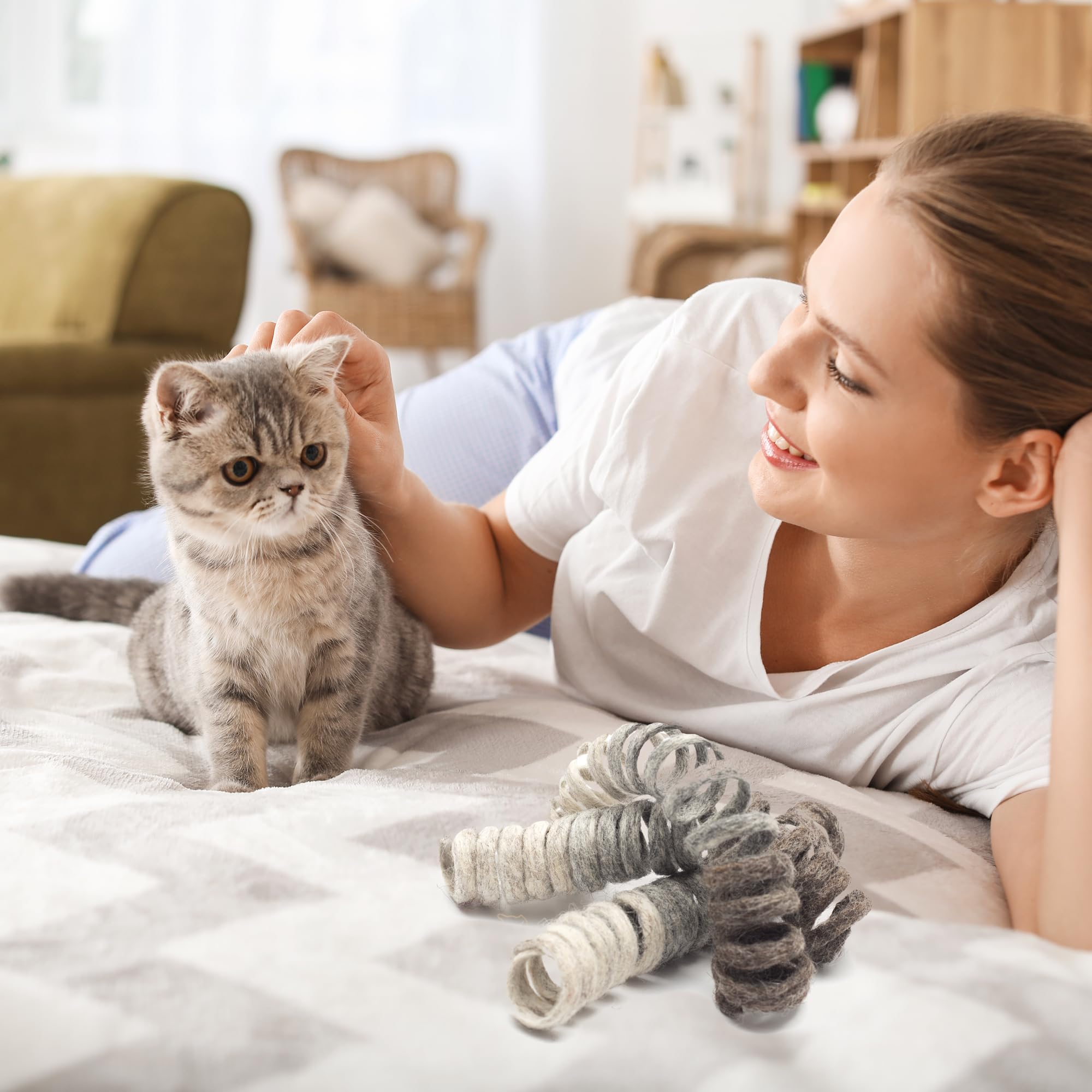 Glaciart One Felt Spring Cat Toy - 3 Pcs Soft Fuzzy Enrichment 100% Natural Wool - Interactive Stretchable Play Cat Toy Set - Sa