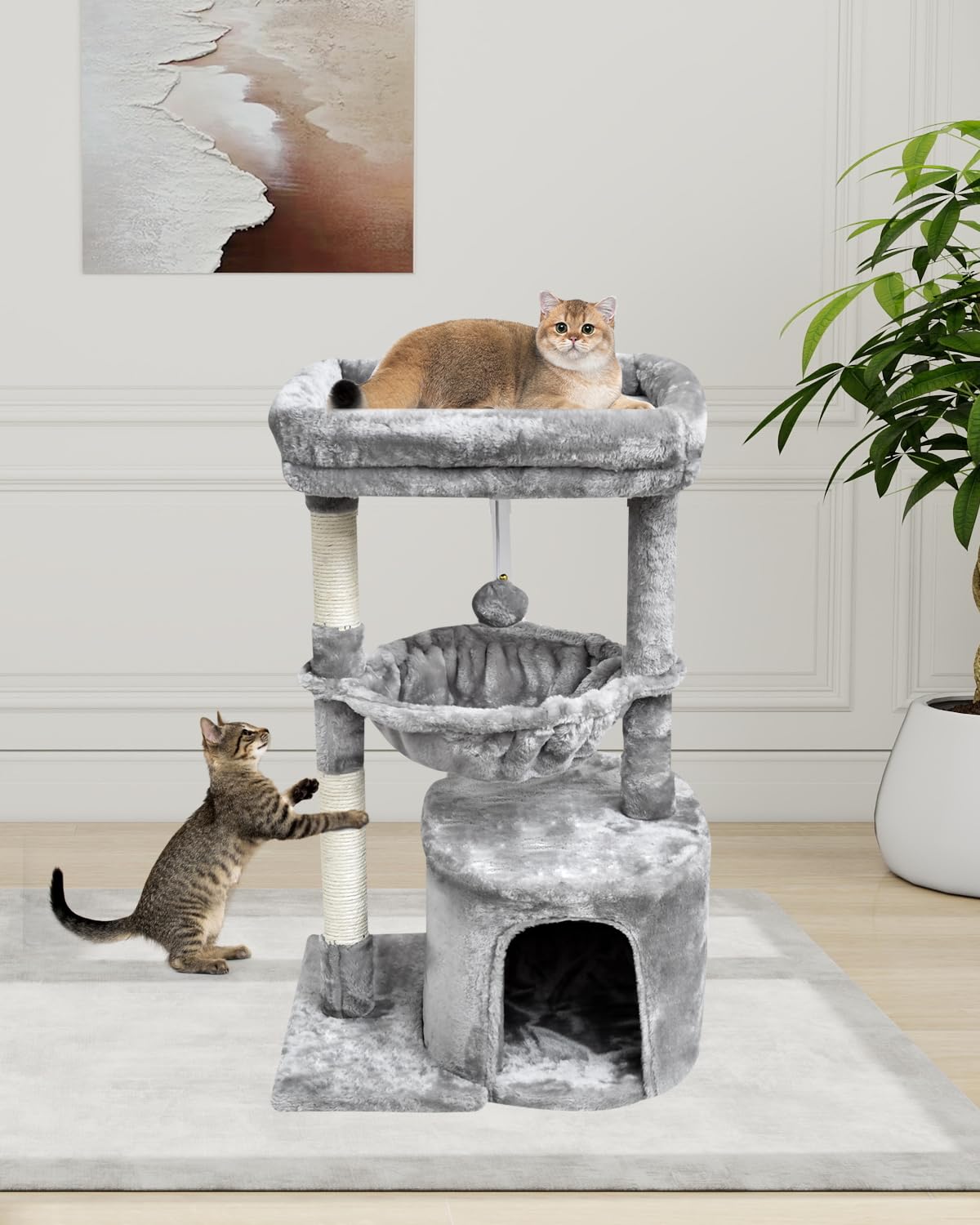Syandlvy Small Cat Tree For Indoor Cats, Activity Cat Tower With Scratching Post For Kittens, Modern Cat Furniture With Basket &