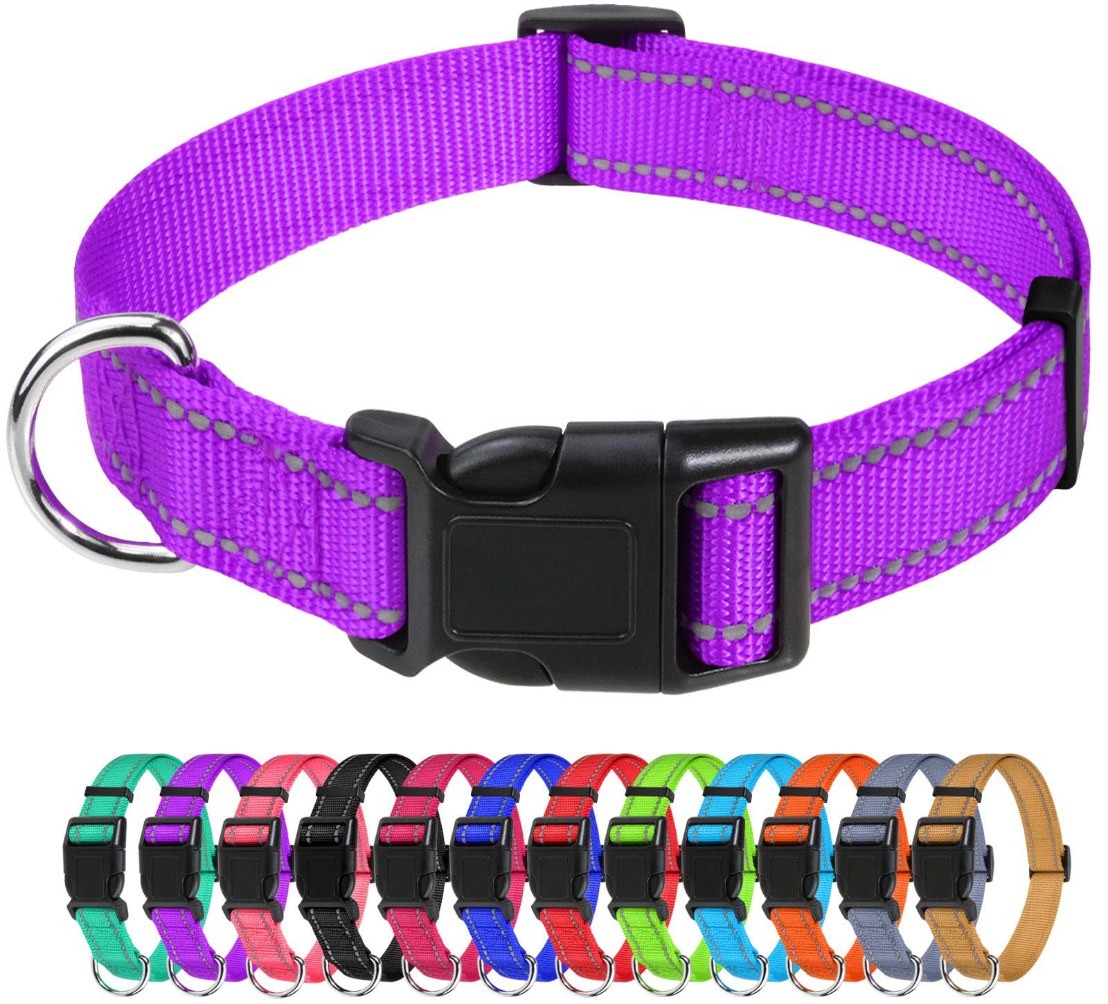Tagme Reflective Nylon Dog Collars, Adjustable Classic Dog Collar With Quick Release Buckle For Extra Large Dogs, Purple, 1¼' Width