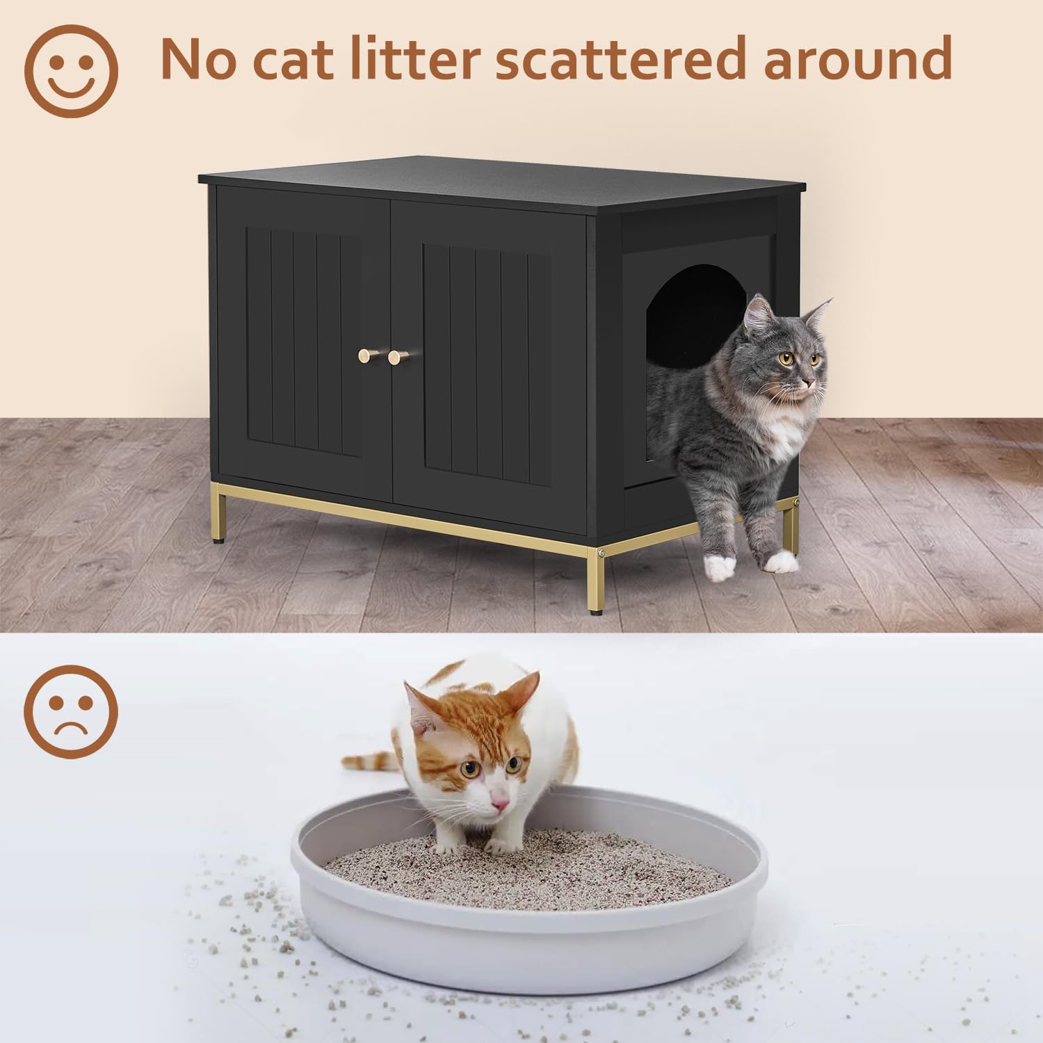 Homhedy Cat Litter Box Enclosure - Modern Black & Gold Pet House, Engineered Wood, 28.3"L x 17.7"W x 21.7"H, Model CL