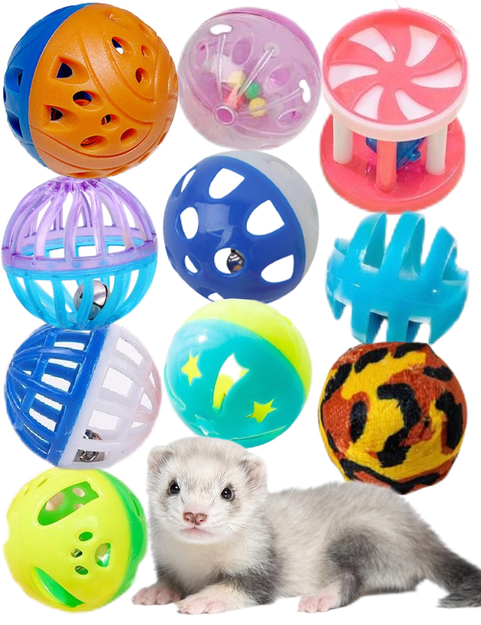 Ferret Toys 10-Pack Bell Balls, Sturdy & Attractive, Interactive Crinkle Sounds, Easy Clean, Safe Pp, Teeth Health, Indoor/Outdo