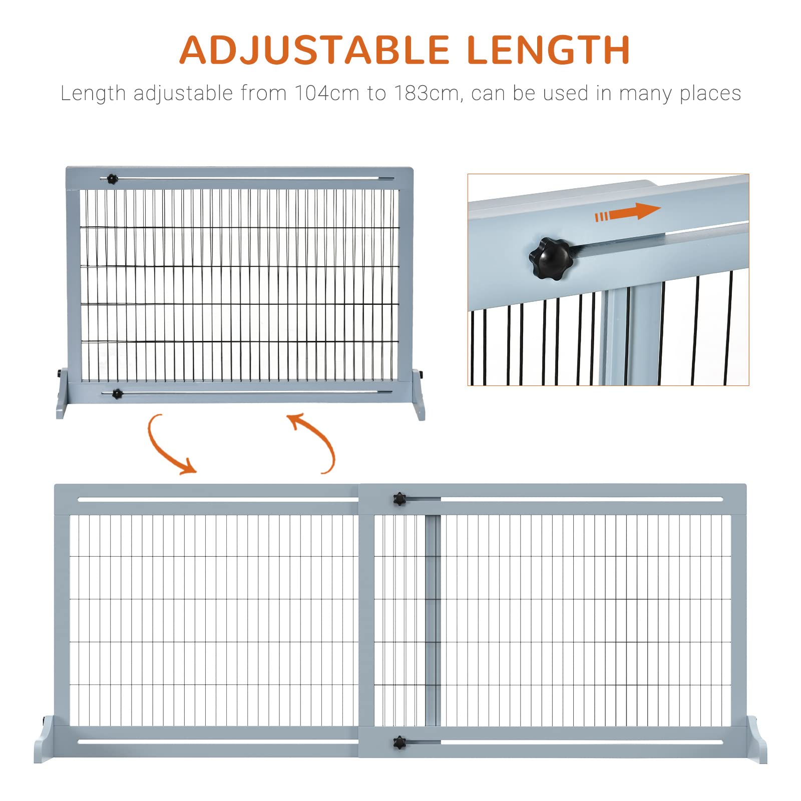 Pawhut Freestanding Dog Gate, Foldable Pet Fence, Indoor Wood Barrier, Stair Gate With Support Feet, For Doorway, Hallway, Small And Medium Dogs, 69H X 104-183 Cm, Blue-Grey