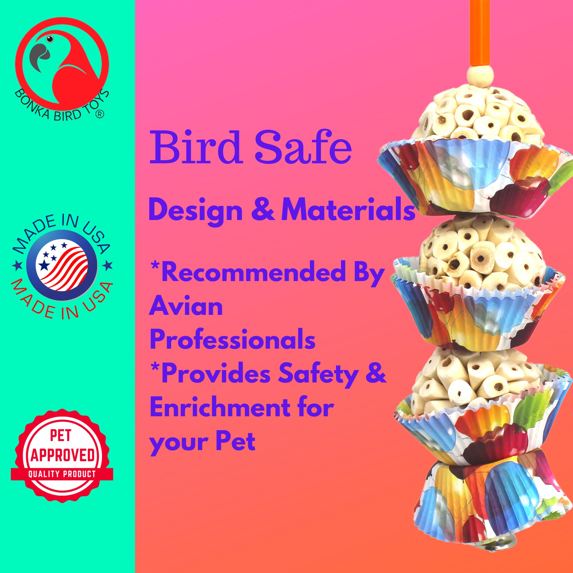 Bonka Bird Toys 1931 Three Cake, 11.75' Hanging Bird Toy With Sola Balls, Cupcake Cups, Wooden Beads, Bell, And Straw, Chewable And Shreddable, Safe For Parrots, And Small Birds