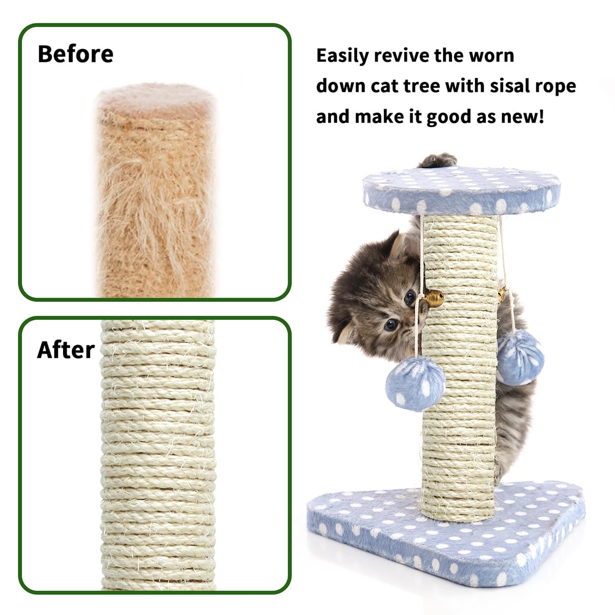 Green Sisal Rope 1/4 Inch By 65-Feet For Cat Scratching Post Tree Tower Replacement Repair And Replace, Diy Hemp Twine Rope For
