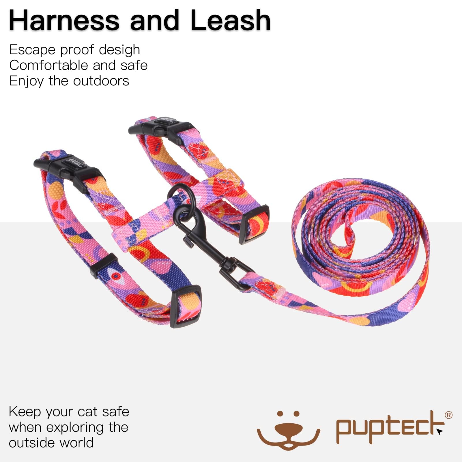 Pupteck Adjustable Cat Harness And Leash Set Escape Proof Kitten Strap Collar For Walking Travel, Printed Pink