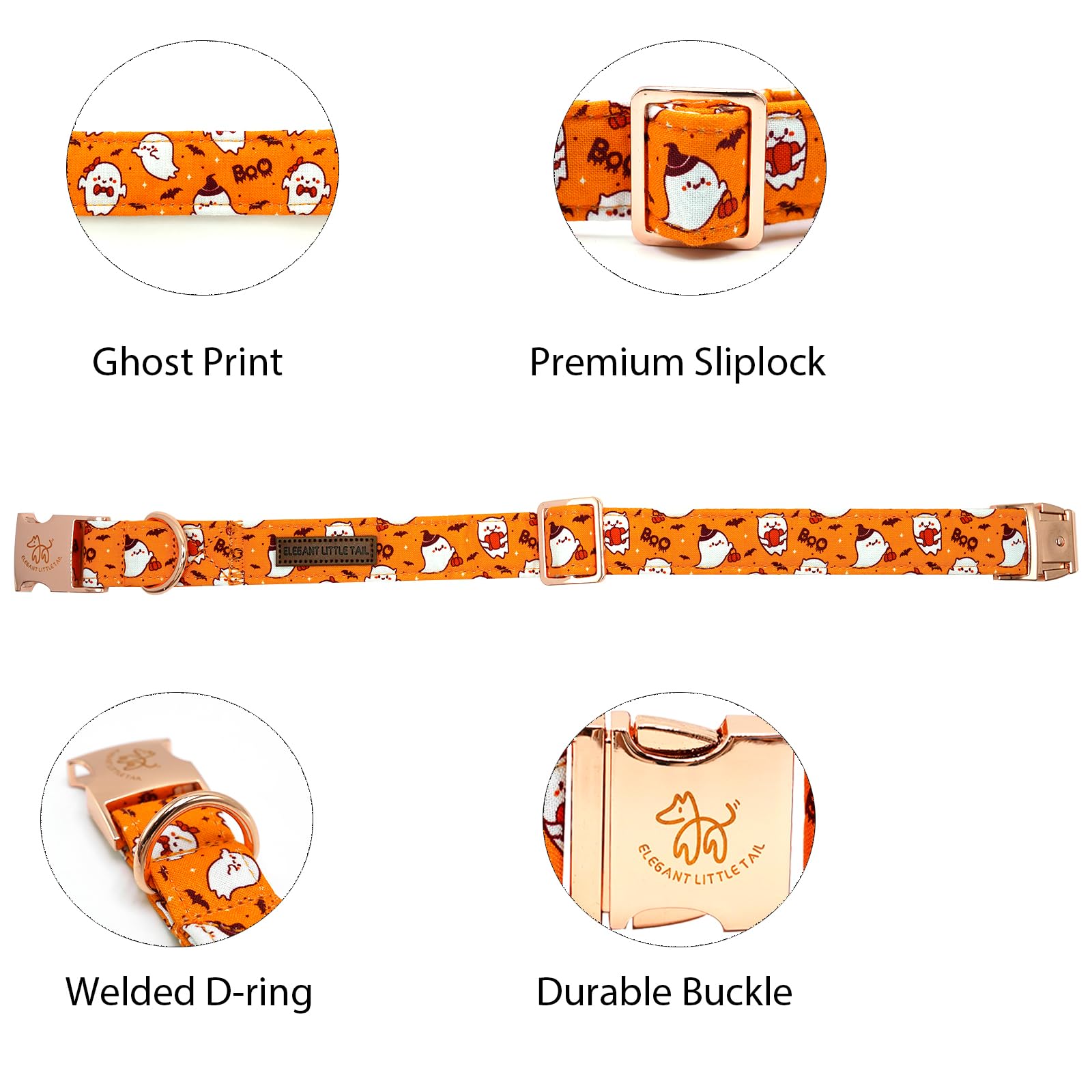Elegant Little Tail Halloween Dog Collar - Cute Ghosts Print, Cotton With Metal Buckle, Adjustable For X-Large Dogs