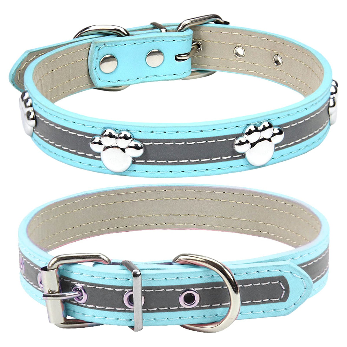 Petcare Reflective Dog Collar With Cute Paw Rivet Studded Funny Soft Pu Leather Adjustable Puppy Dog Collars For Small Medium Large Dogs Cats (Blue,Medium)