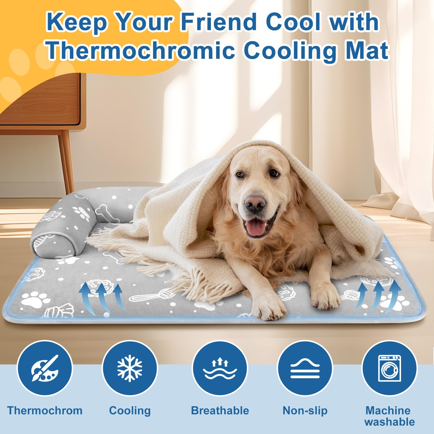 Mh Mylune Home Dog Cooling Mat With Supportive Pillows, 44''X32'' Arc-Chill Fiber & Endothermic Color Changing Self Cooling Pad,