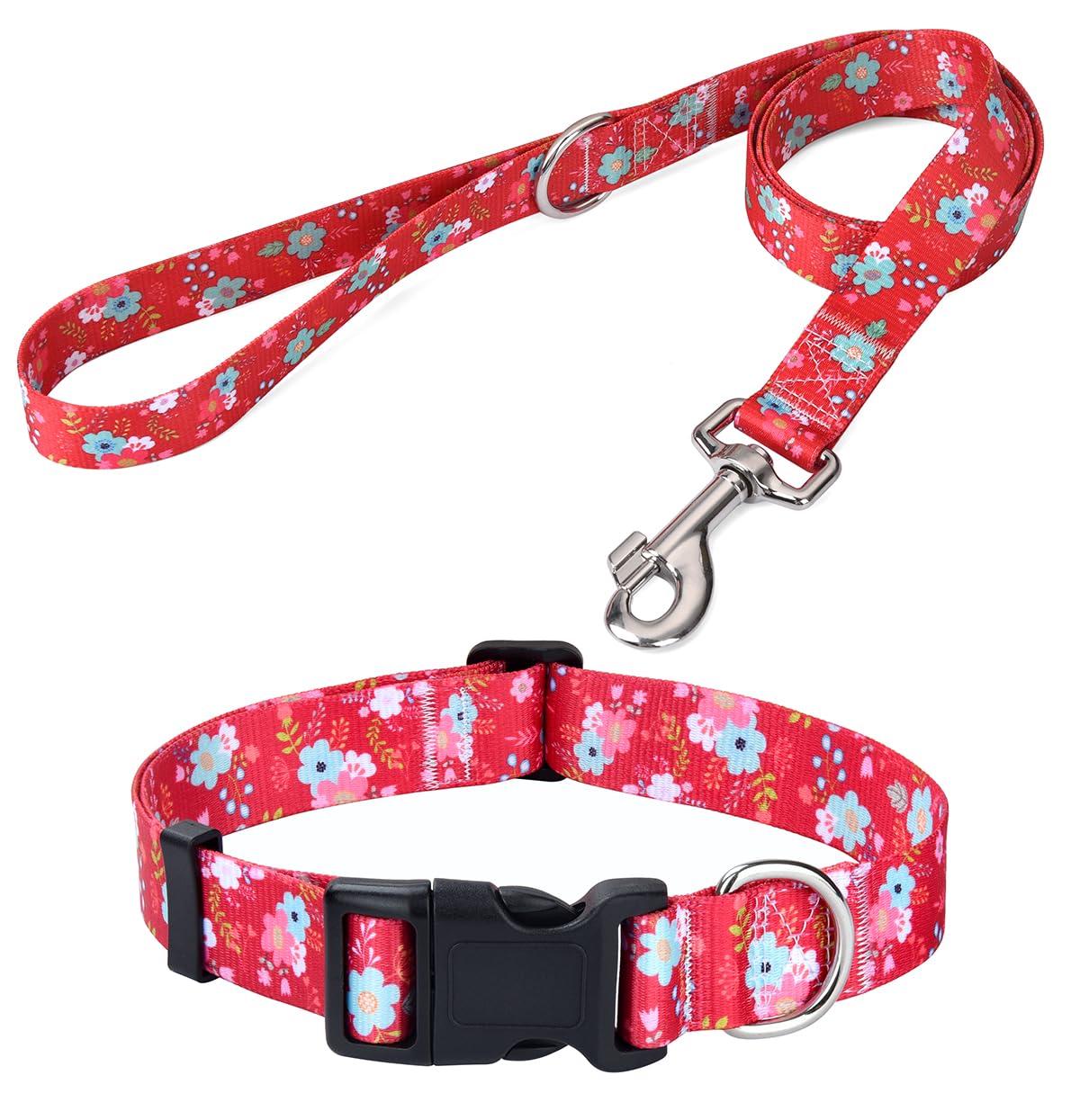 Mihqy Dog Collar And Leash Set With Bohemia Floral Tribal Geometric Patterns - Soft Ethnic Style Collar Adjustable For Small Medium Large Dogs(Red Floral Set,L)