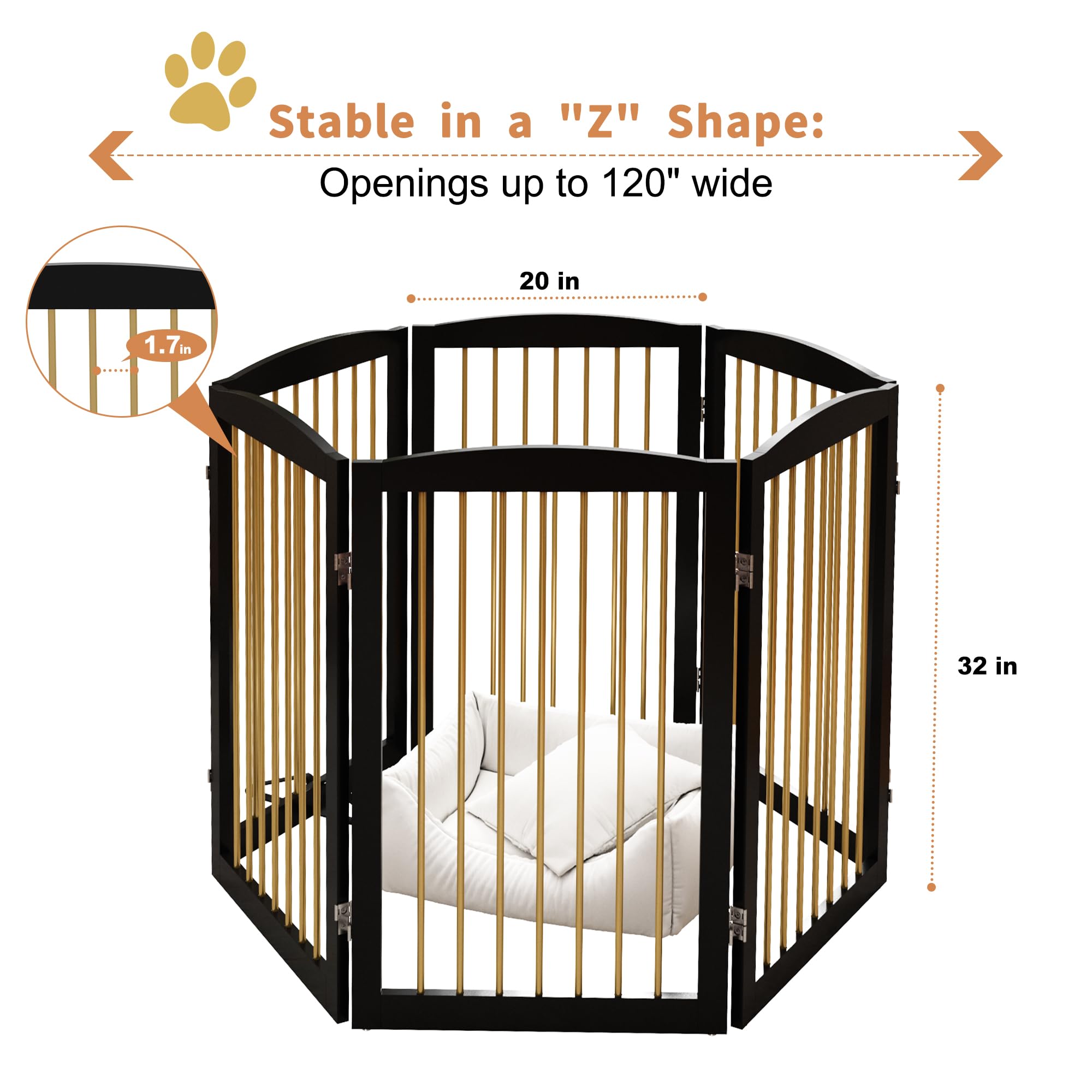 PUPETPO Freestanding Pet Gate for Dogs, Indoor Wooden Dog Gate for House, Extra Wide Foldable Dog Gate for Stair, Doorway, Hall,