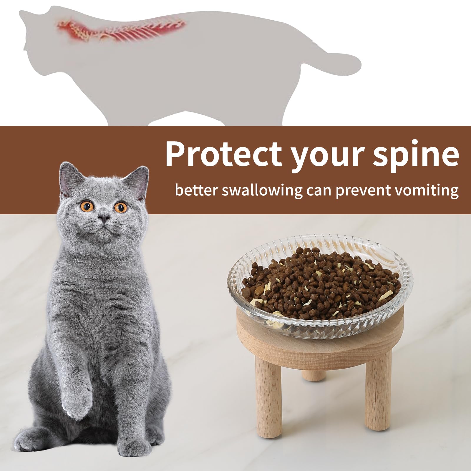 Raised Whisker Fatigue Cat Bowl. Glass Cat Bowls Elevated With Wooden Legs In 2 Heights. Protect The Spine And Prevent Vomiting.