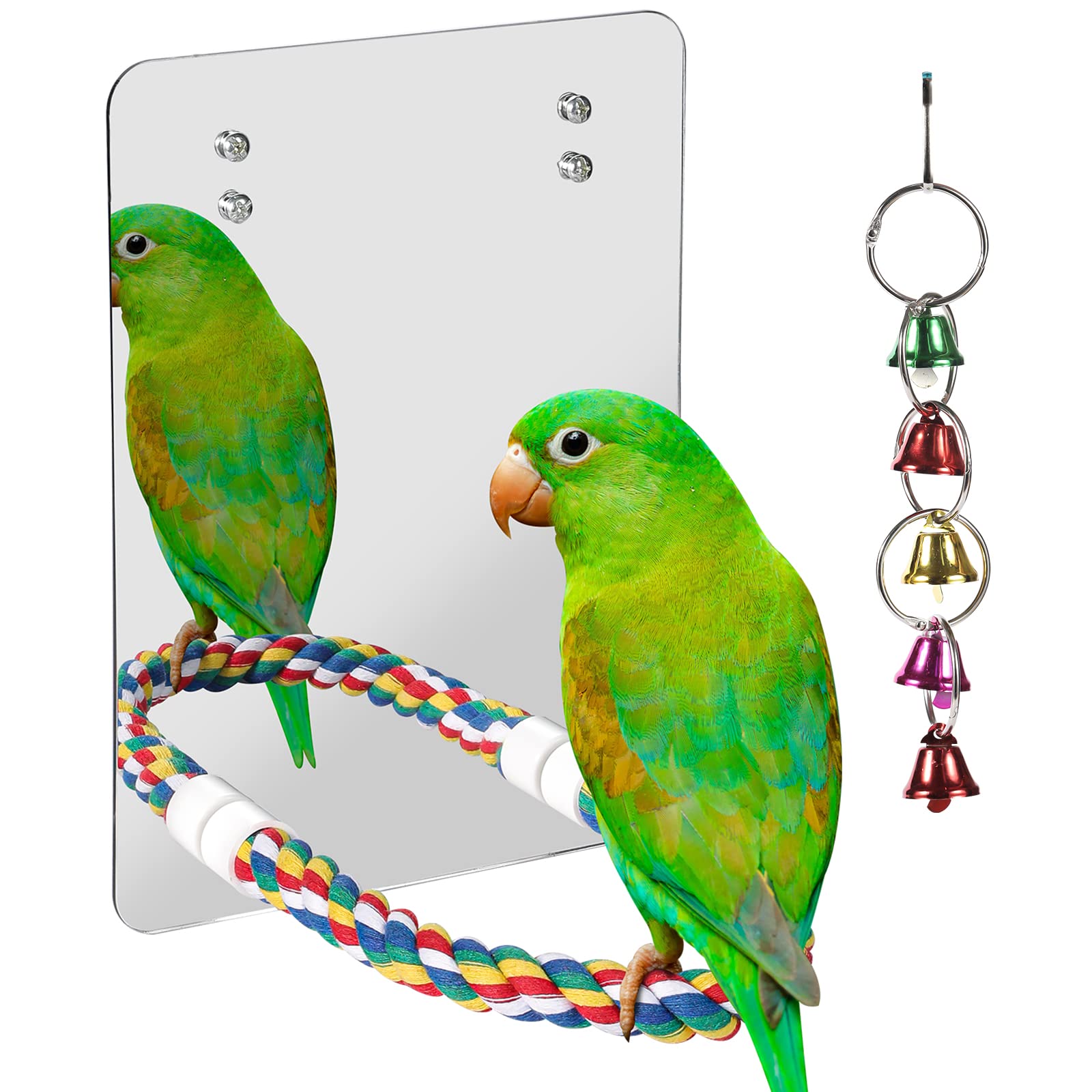 Loperdeve 10.6' Bird Mirror With Rope Perch Bird Toys Swing, Comfy Perch For Greys Amazons Parakeet Cockatiel Conure Lovebirds Finch Canaries