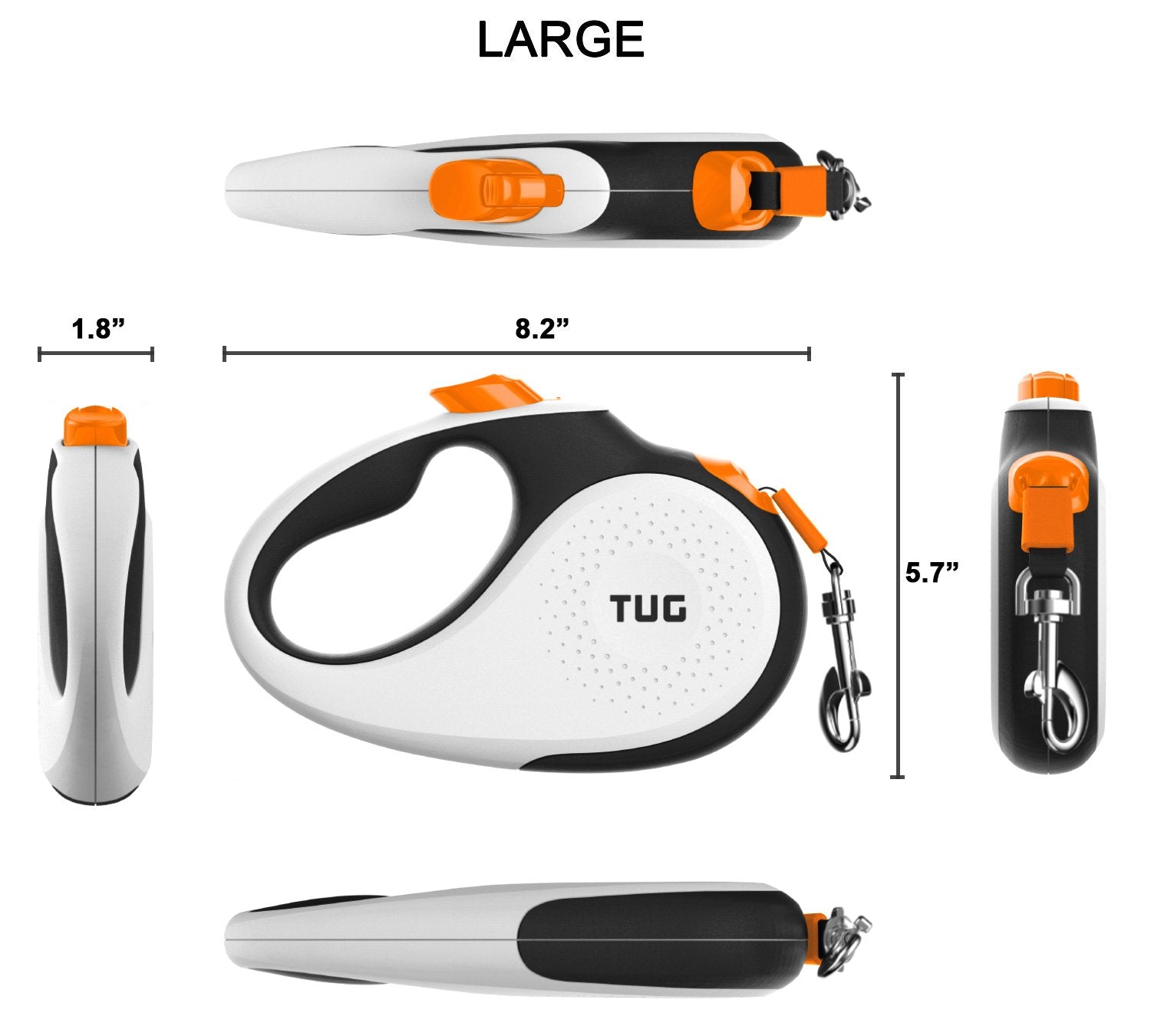 Tug 360?Tangle-Free Retractable Dog Leash With Anti-Slip Handle | 16 Ft Strong Nylon Tape | One-Handed Brake, Pause, Lock (Large, White/Orange)