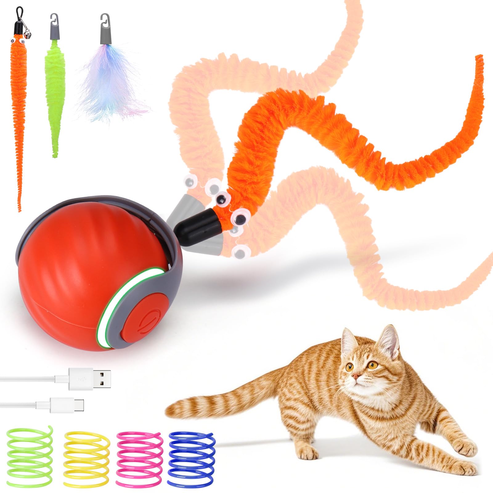 Aiersa Interactive Automatic Cat Toys For Indoor Adult Cats,Self Play Speed Tail Toy With 3 Tails And 4 Springs (Orange)