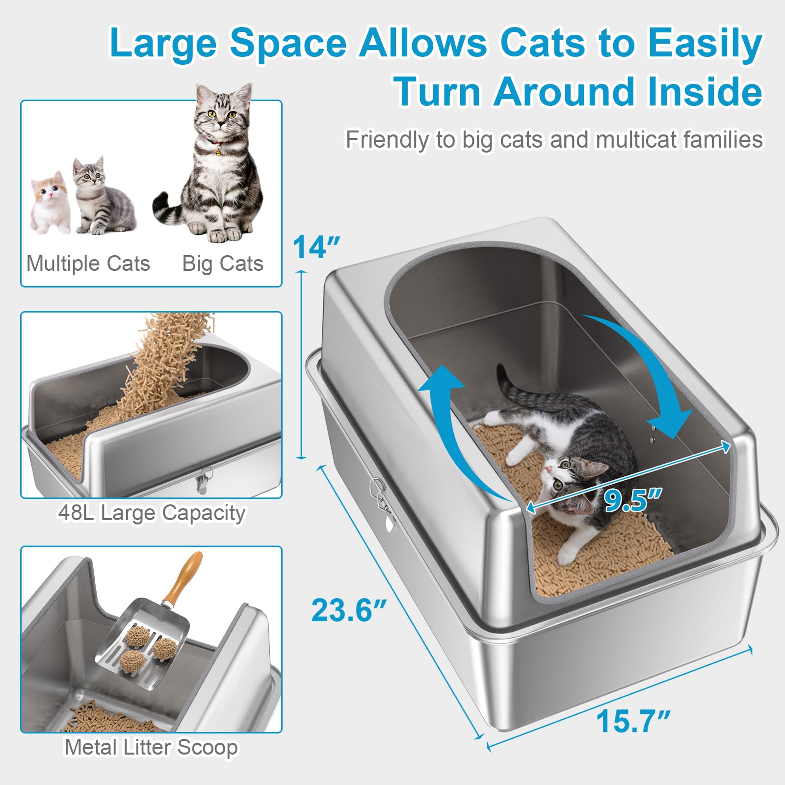 14'' High Sides Xxl All Stainless Steel Cat Litter Box With Lid,Xl Deep Metal Litter Box For Big Cats,Extra Large Litter Boxes W