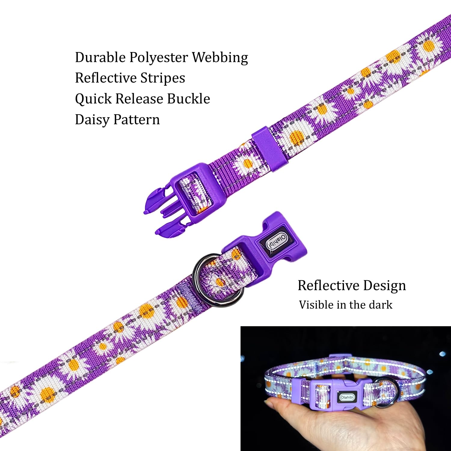 Olahibi Floral Pattern Dog Collar, Pretty Daisy Print, Durable Nylon With Reflective Stripes, Adjustable Length, For Large Dogs.