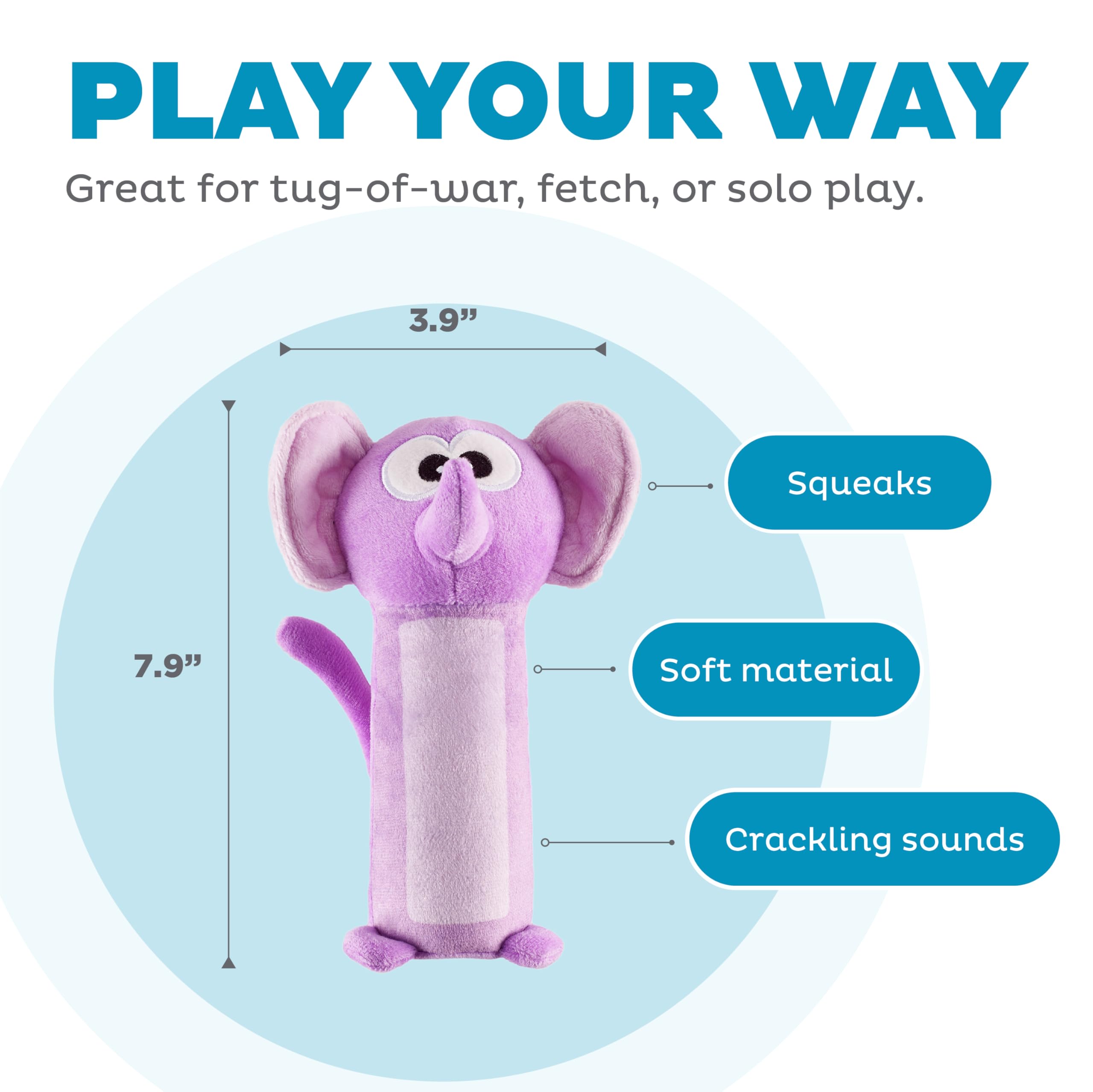 Outward Hound Bottle Bros Elephant Durable Cracking, Crinkling, Squeaking Dog Toy, Purple, Small