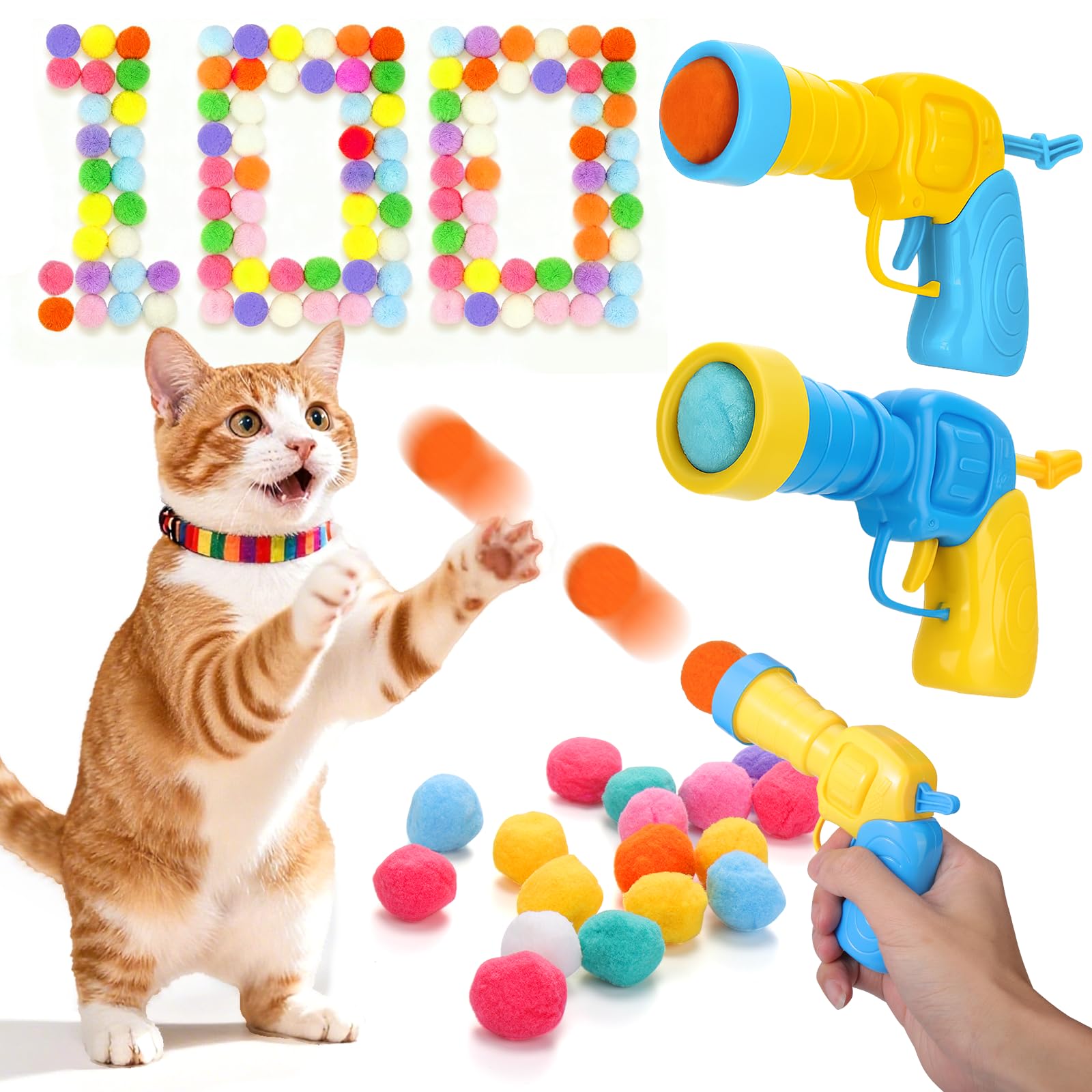 Mity rain 102PCS Cat Ball Launchers & Pom Pom Balls Interactive Cat Toy Set - Safe Soft Plush Kitten Toys for Indoor Cats, Fun K