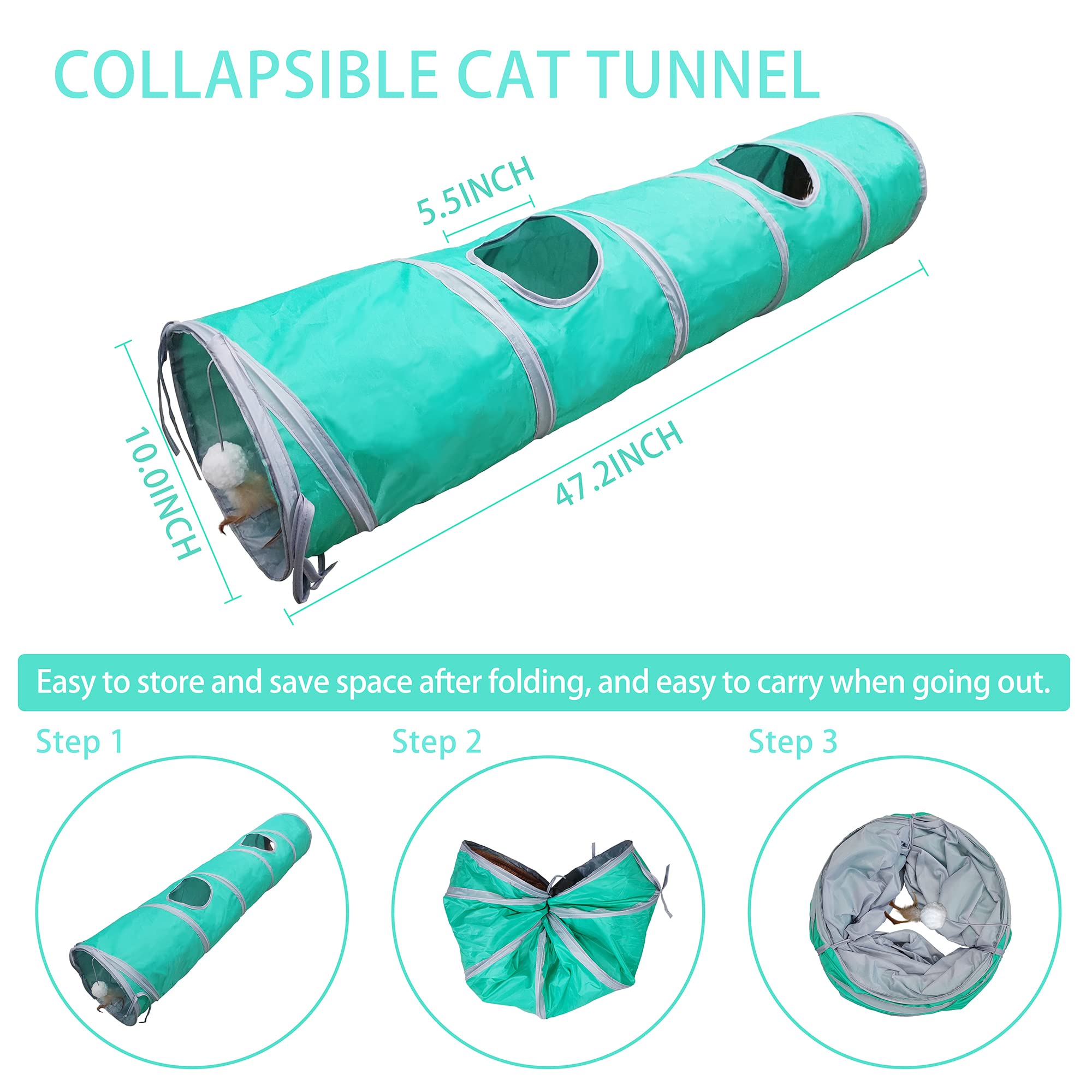 Petest Cat Tunnel For Indoor Cat Collapsible Cat Play Tube With Play Ball And Fringe, Interactive Pet Crinkle Tunnel For Kittens, Rabbits, Ferrets, Puppy, Length 47 Inch, Diameter 9.7 Inch