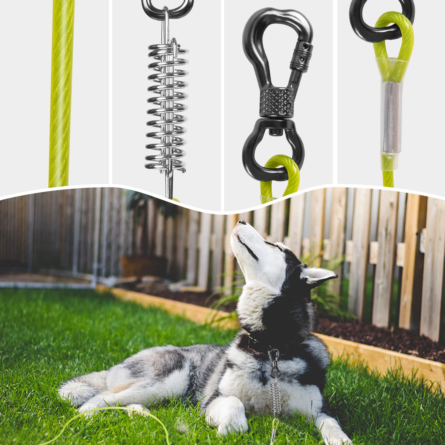 Tresbro 20Ft Dog Tie Out Cable, Heavy Duty Dog Chains For Outside With Spring Swivel Lockable Hook, Pet Runner Cable Leads For Yard, Green Dog Line Tether For Small Medium Large Dogs Up To 500 Lbs