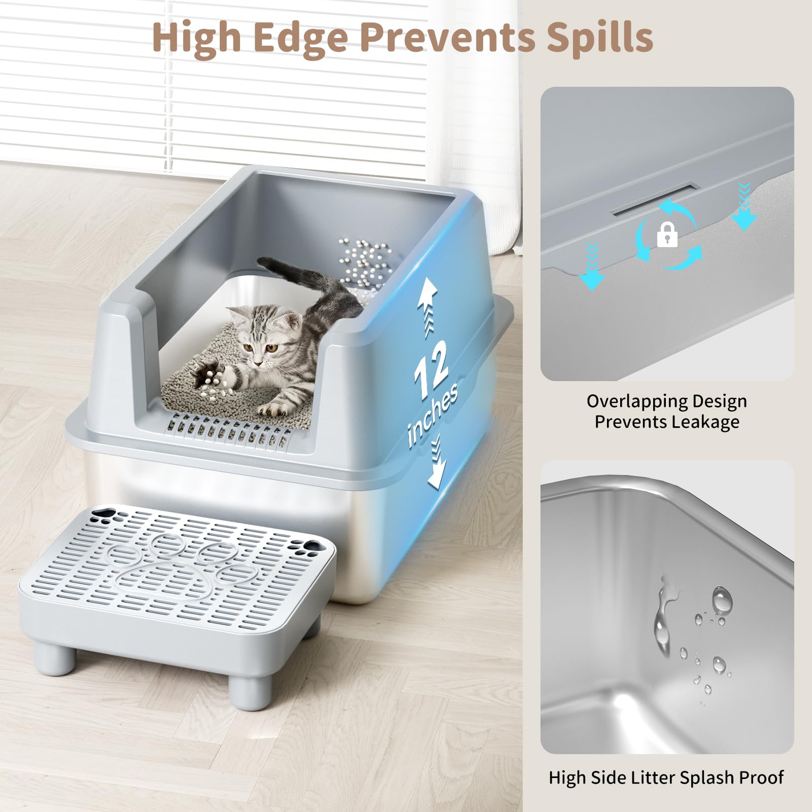 Perehome Stainless Steel Cat Litter Box With Lid, Extra Large Metal Litter Box For Big Cats Xl High-Sided Steel Litter Pan With