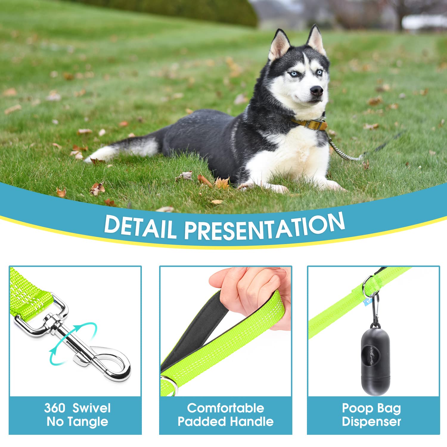 Baapet Two Handle Dog Leash, Dual Soft Padded Handles With Traffic Control Handle Leash For Small Medium Or Large Dogs (3/4' X