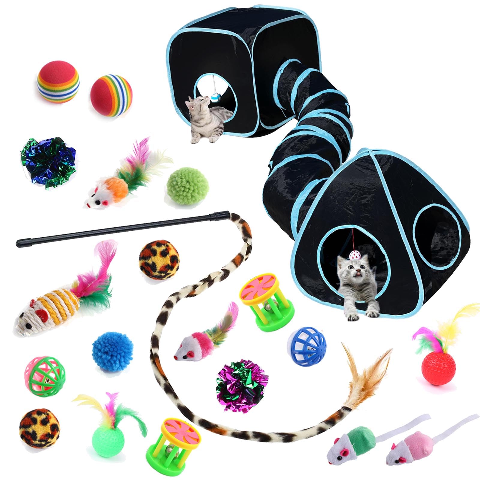 Gonpetgp Collapsible Pet Tunnel Cube Tent Toys, Interactive Cat Feather Teaser Wand Cat Bell Balls Fuzzy Ball Springs Mouse Toys