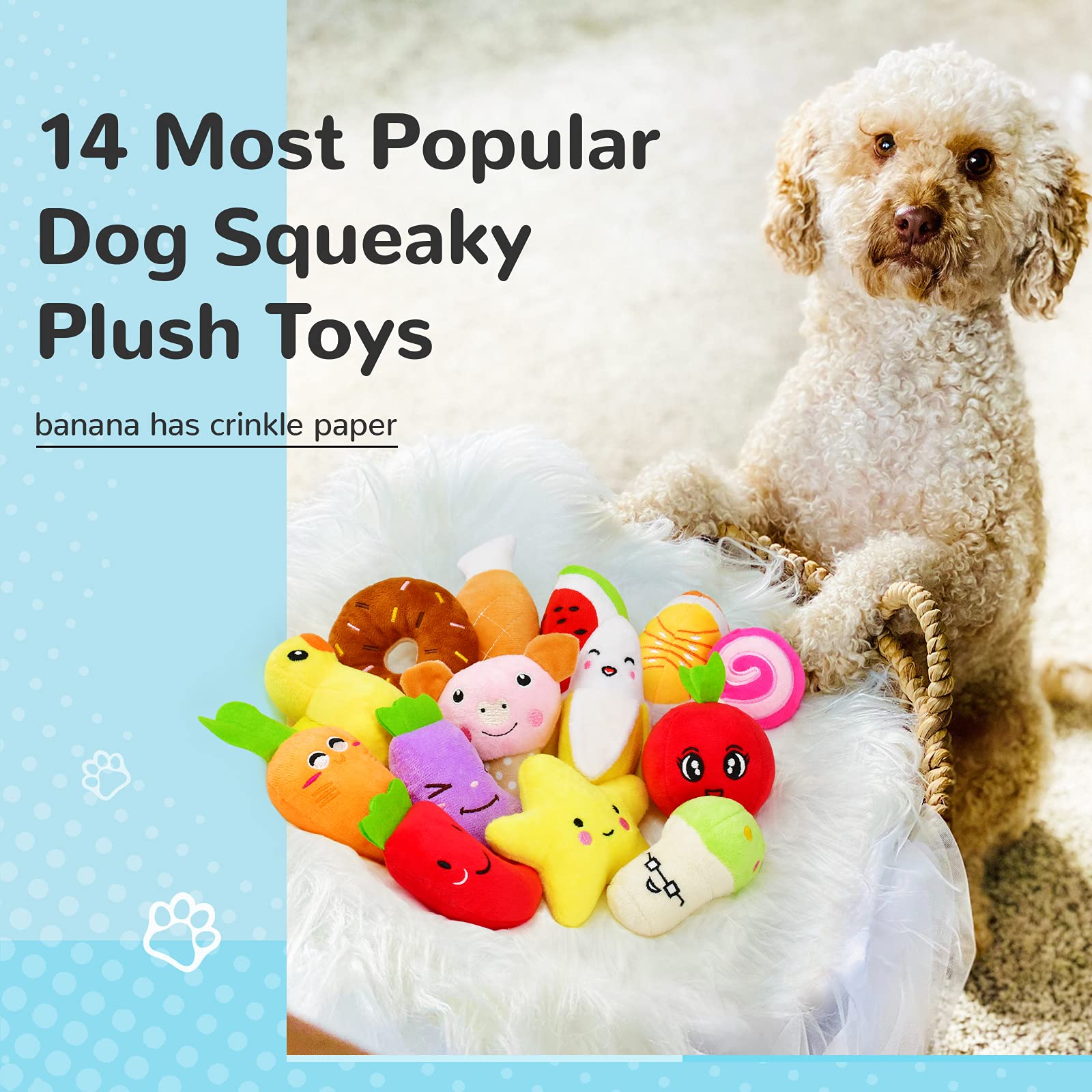 14 Pack Dog Squeaky Toys Cute Stuffed Plush Fruits Snacks And Vegetables Dog Toys For Puppy Small Medium Dog Pets