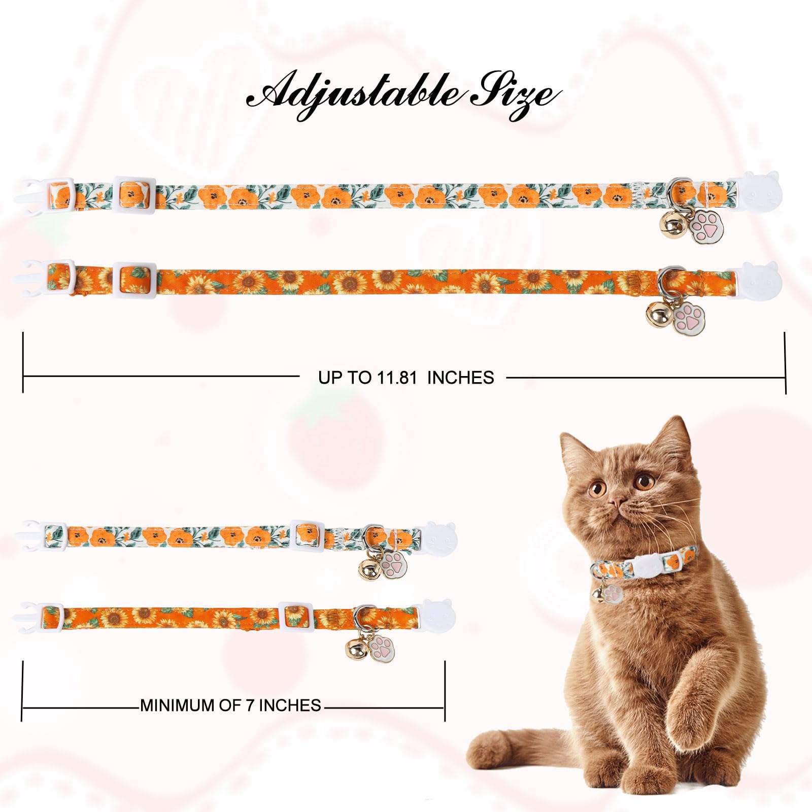 Unique Style Paws Fall Kitten Collar,2 Pack Orange Cat Collar With Sunflower Pattern,Breakaway Cat Collar With Bell,Cute Paw Pen