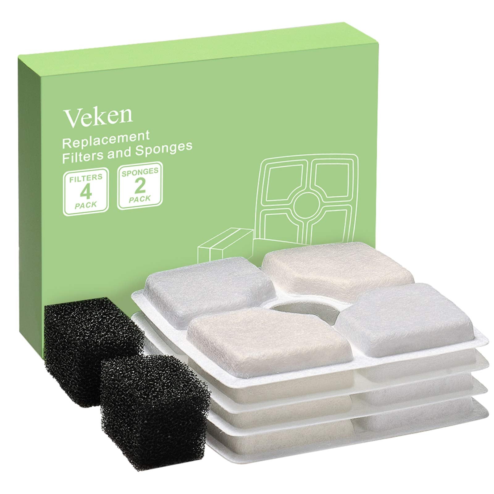 Veken 4 Pack Replacement Filters & 4 Pack Replacement Pre-Filter Sponges For Automatic Pet Fountain Cat Water Fountain Dog Water Dispenser
