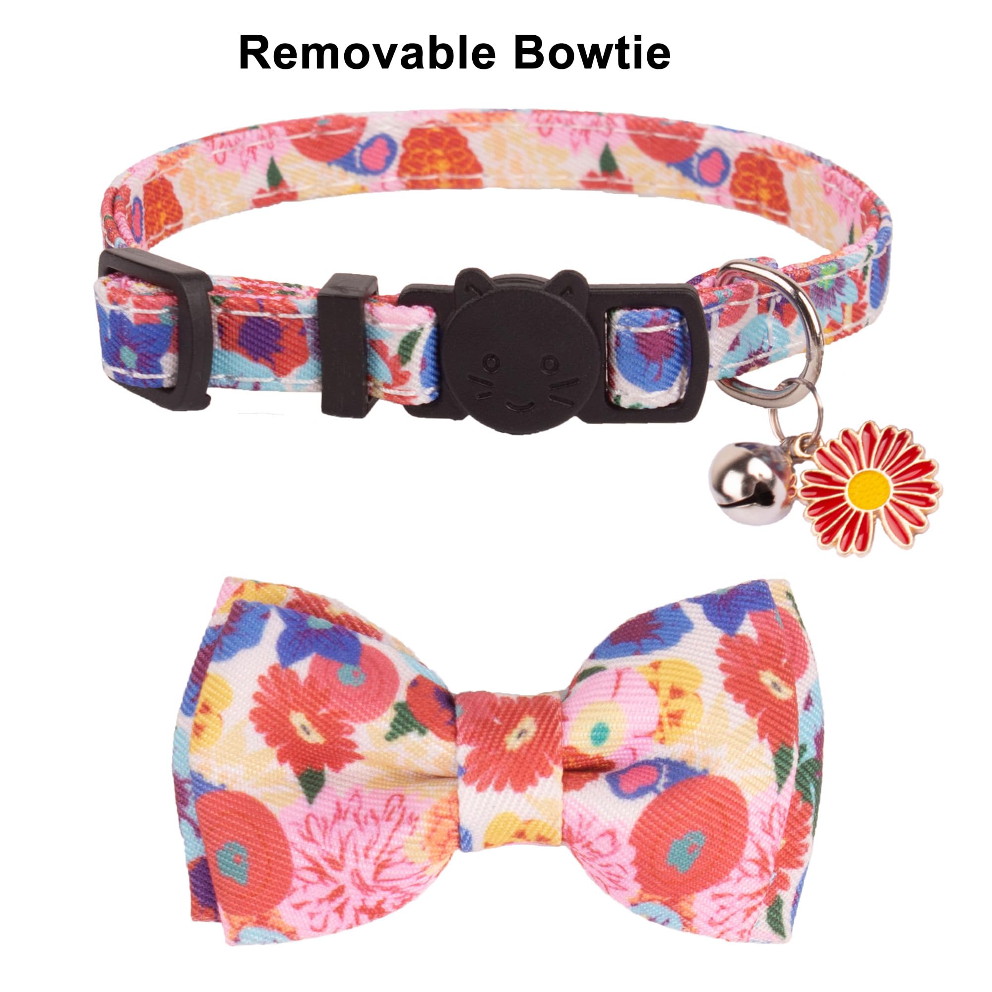 Adoggygo Floral Cat Collar Breakaway With Bow Tie Bell - 2 Pack Cute Flower Collars With Removable Bowtie Floral Bowtie Collars