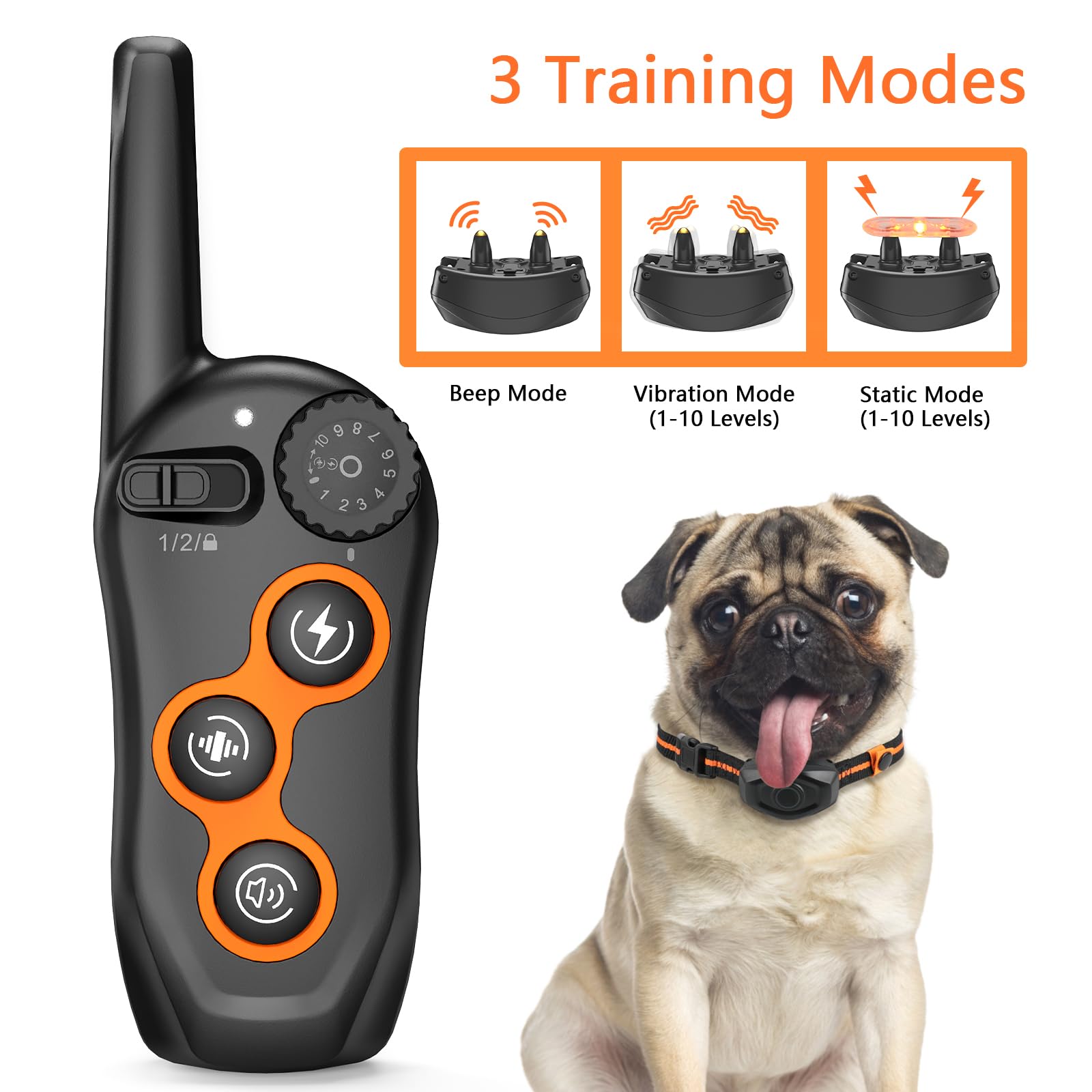 Dog Training Collar, Ipx7 Waterproof Dog Shock Collar With Remote Control Range 1300Ft, 3 Training Modes, Beep, Shock, Vibration