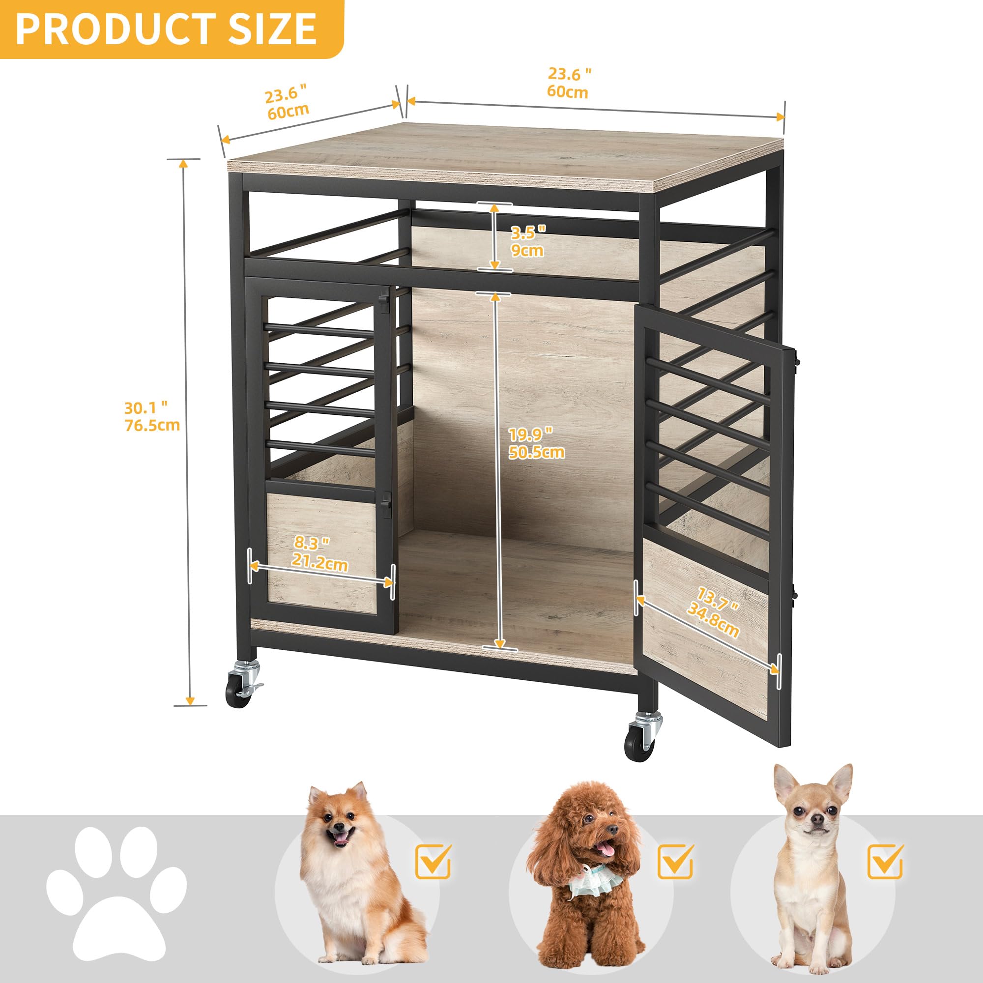 DWVO Dog Crate Furniture, 24 Inch Dog Kennel Indoor Furniture End Table for Dogs, Modern Decorative Wooden Cage with Wheels, Che