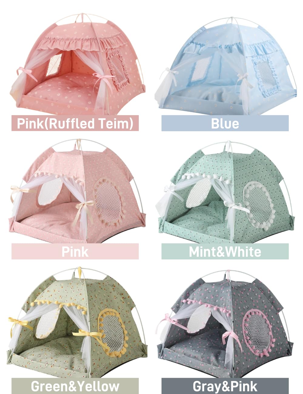 Cat Bed Tents Dog House Indoor Outdoor Lace Mesh Breathable Windows Door Curtains Removable Portable Nest Teepe House (Large,Min